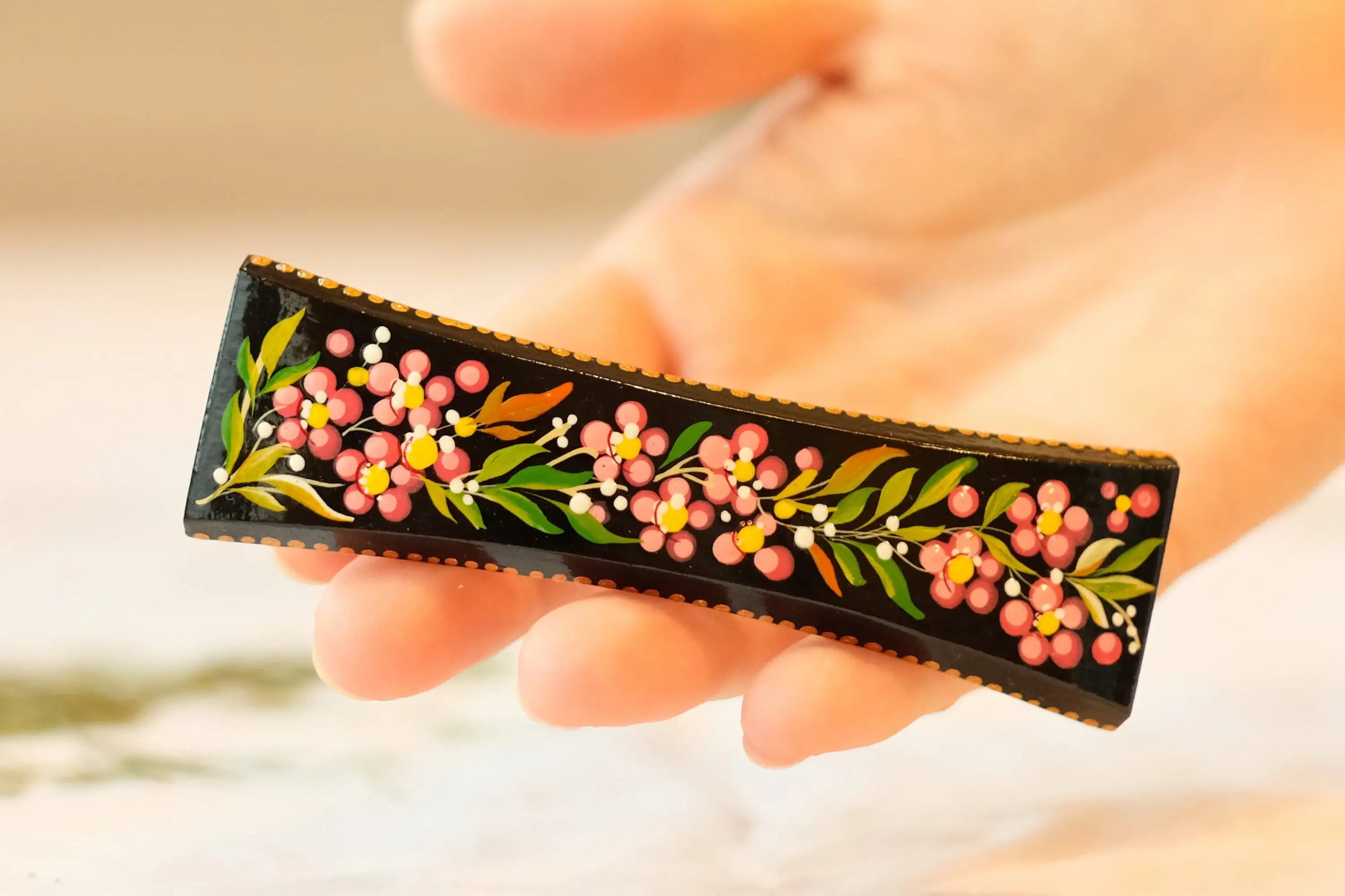 Painted Wooden Cherry Blossom Hair Barrette - Petrykivka Art Pink Flower French Hair Clip