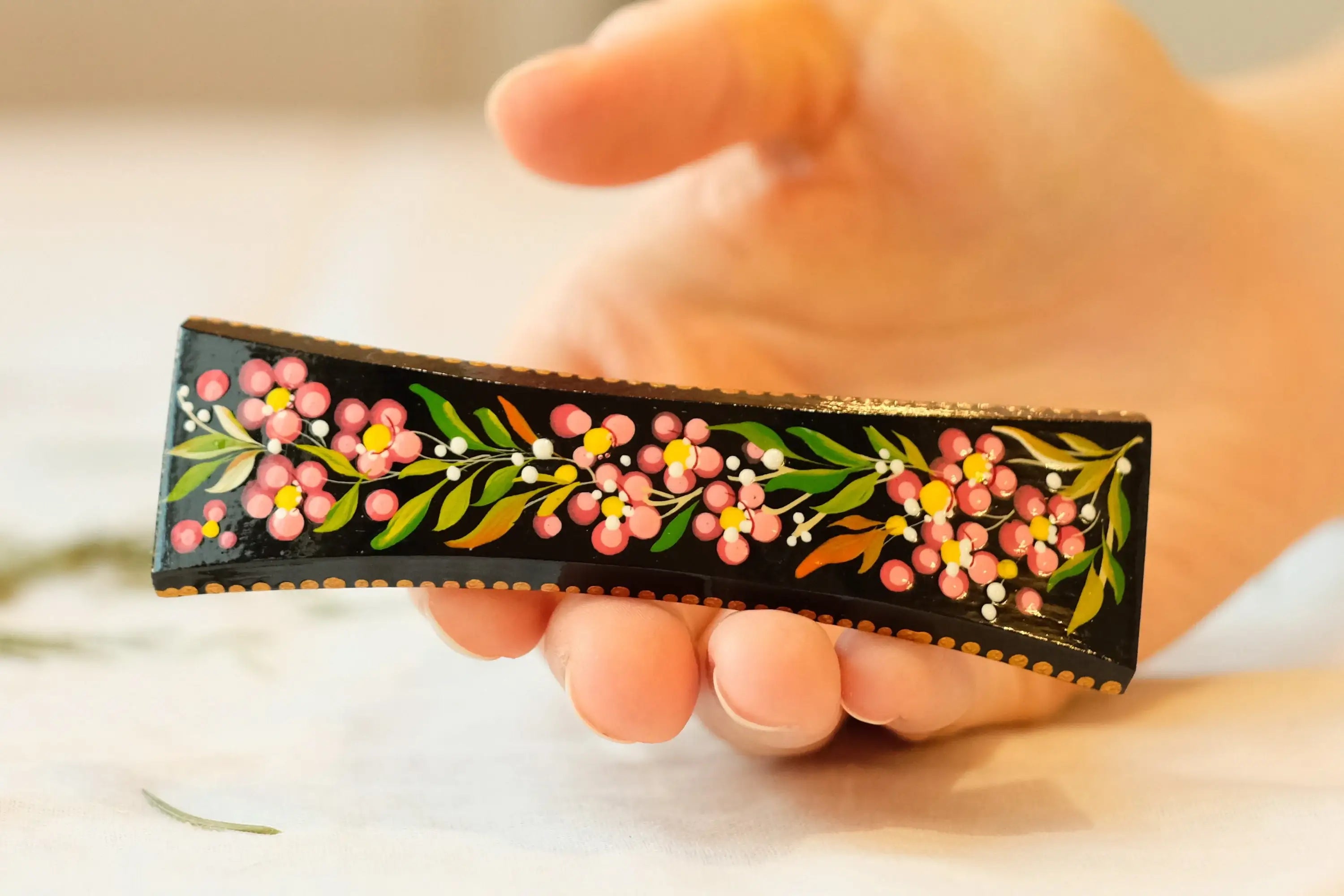 Painted Wooden Cherry Blossom Hair Barrette - Petrykivka Art Pink Flower French Hair Clip