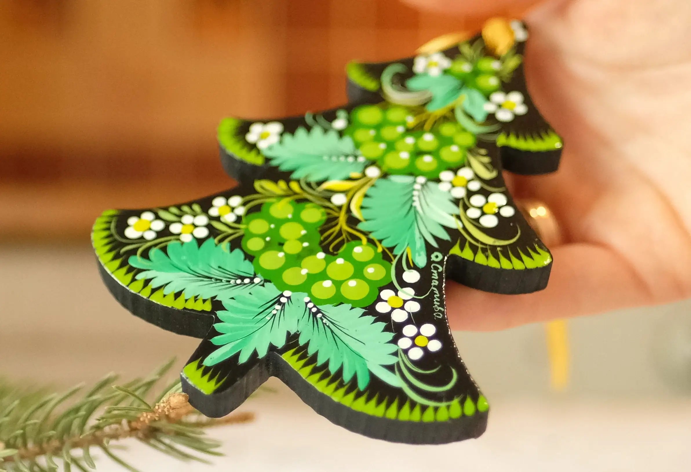 Hand-painted Wooden Christmas Tree Ornament - Green Flower Petrykivka art Ornament