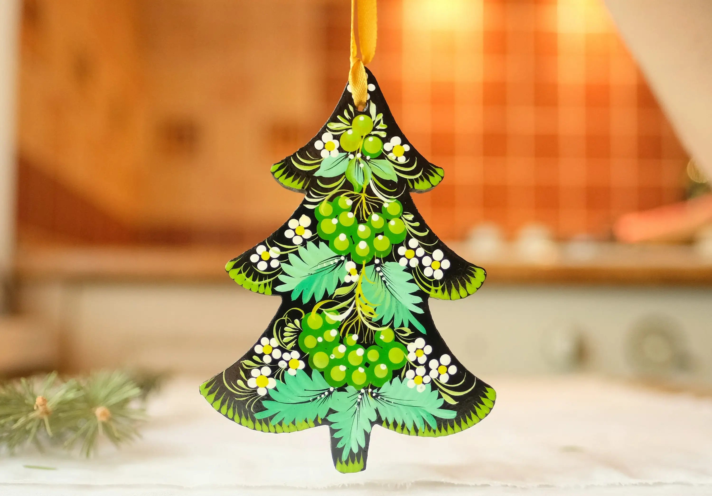 Hand-painted Wooden Christmas Tree Ornament - Green Flower Petrykivka art Ornament