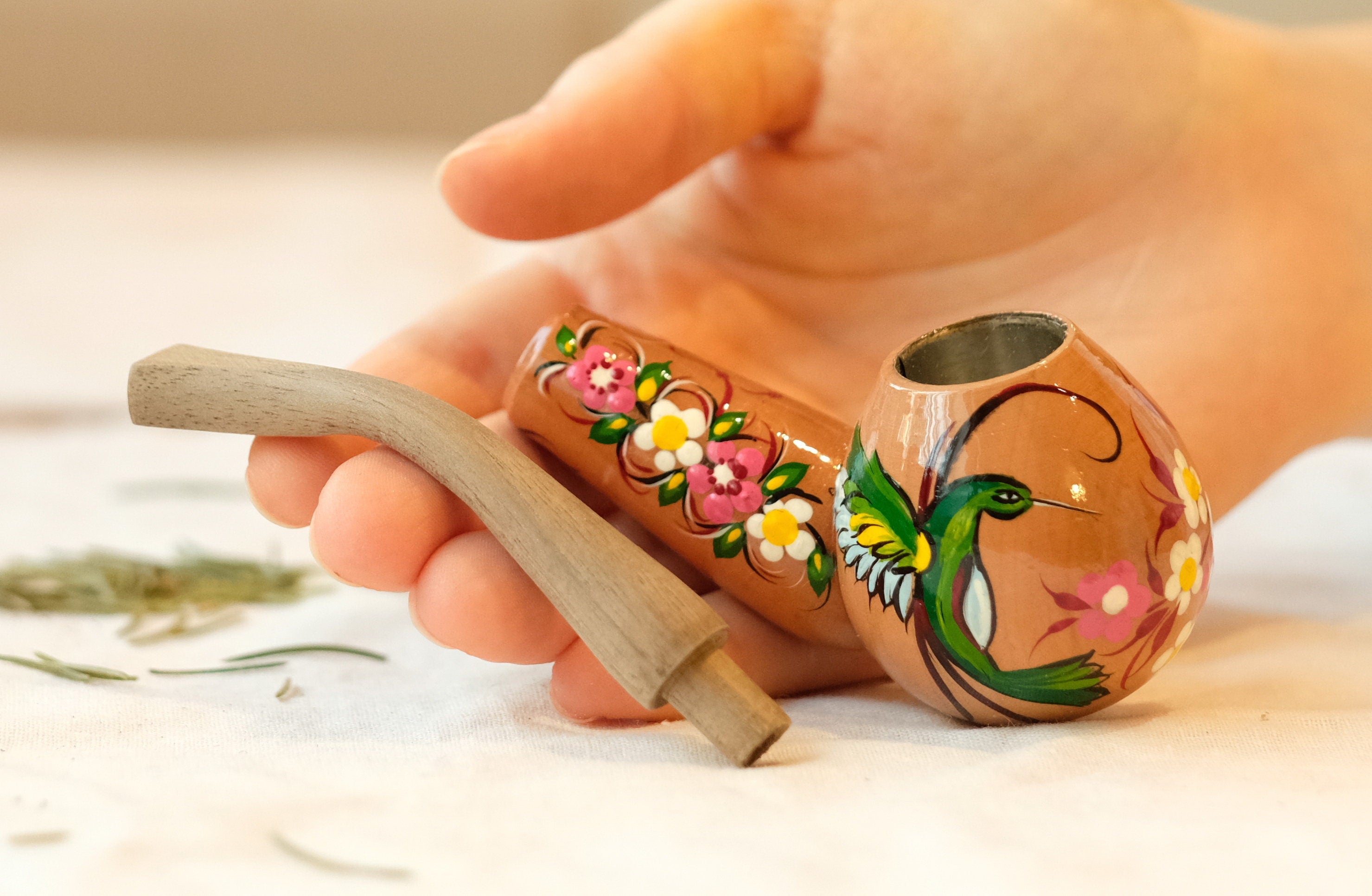 Painted Wooden Smoking Pipe with Ukrainian Folk Art Petrykivka - Hummingbird Tobacco Pipe
