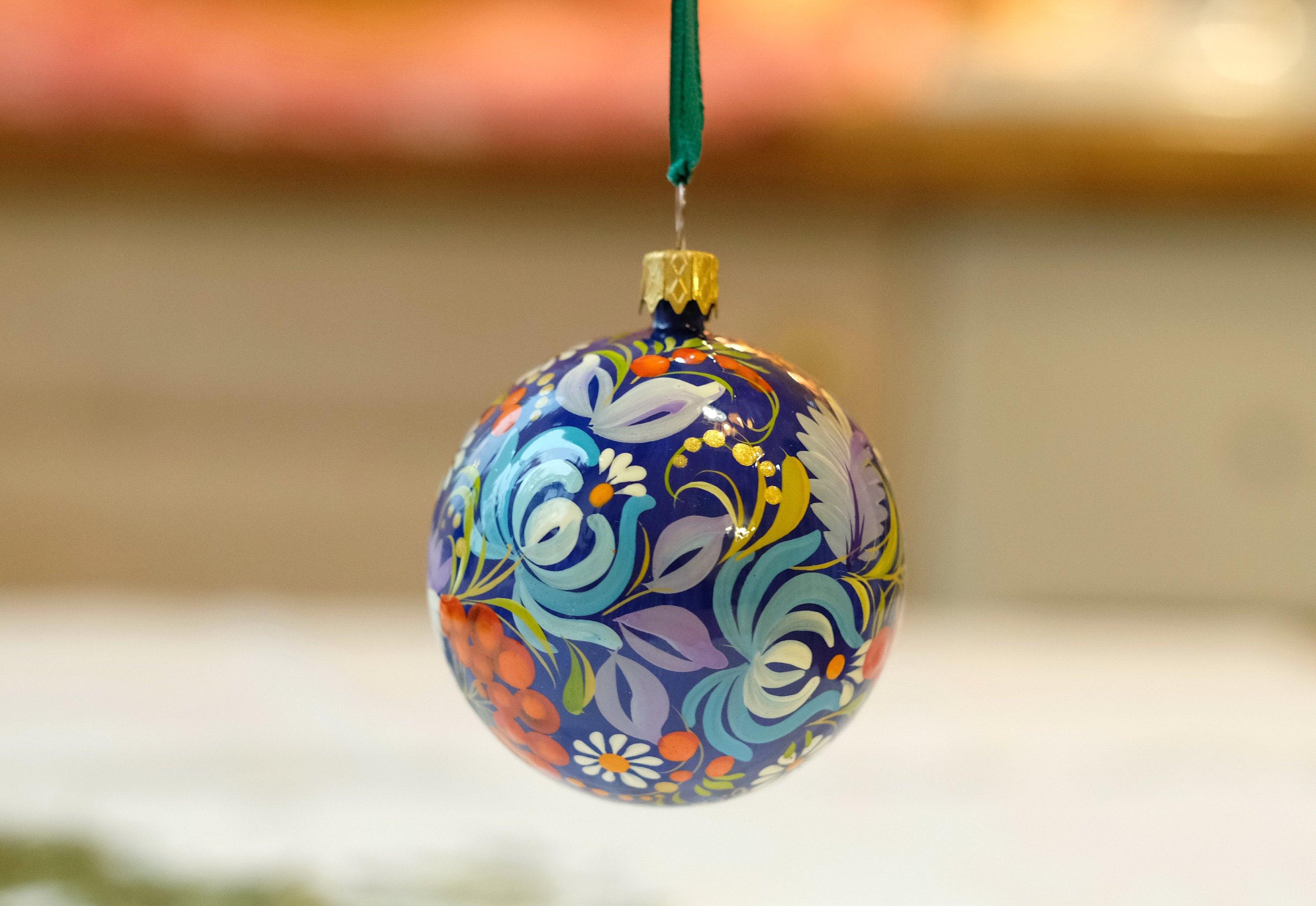 Set of 2 Painted Blue Flower Ukrainian Christmas Ball Ornaments 2.4 in, Gift-wrapped