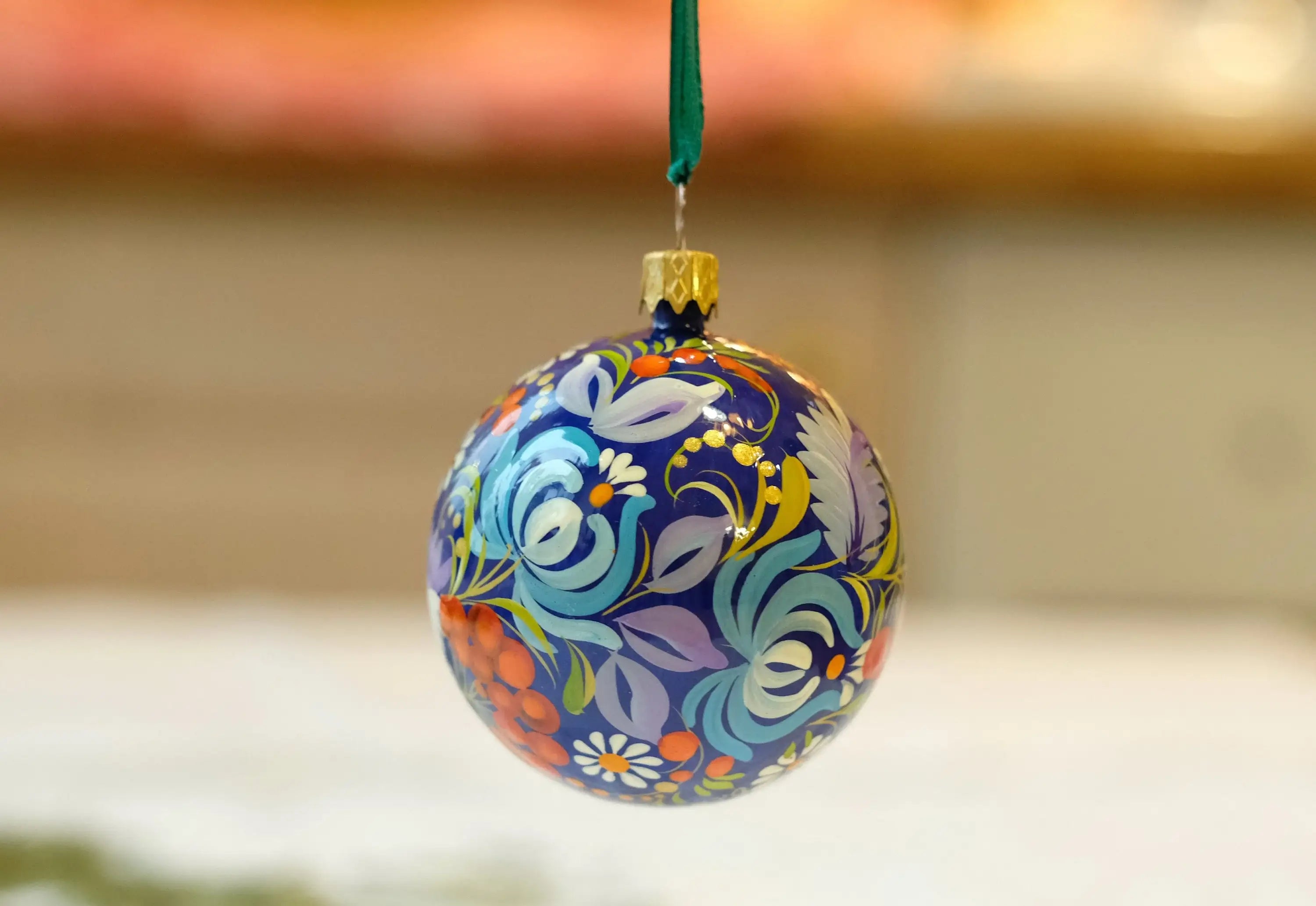 Set of 2 Painted Blue Flower Ukrainian Christmas Ball Ornaments 2.4 in, Gift-wrapped