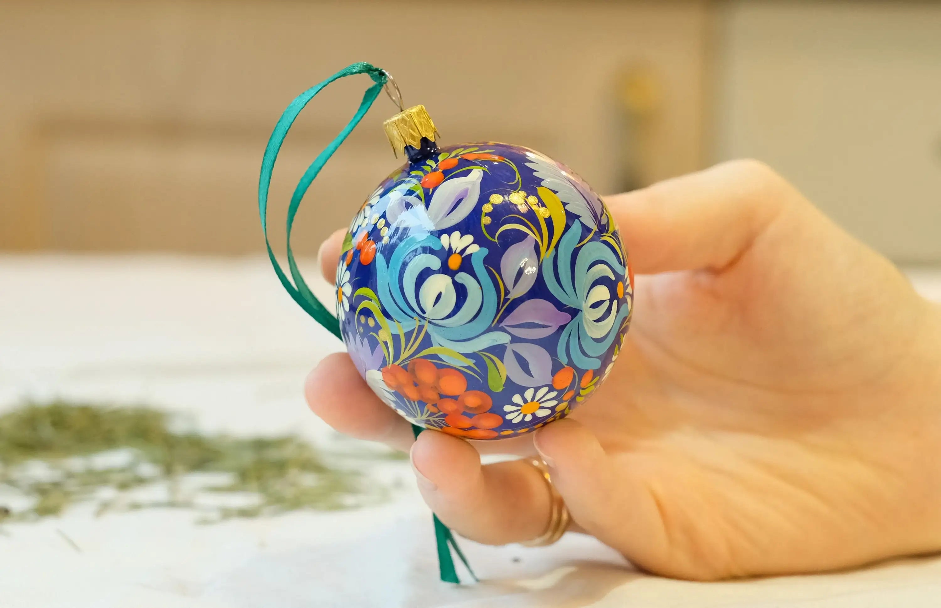 Set of 2 Painted Blue Flower Ukrainian Christmas Ball Ornaments 2.4 in, Gift-wrapped