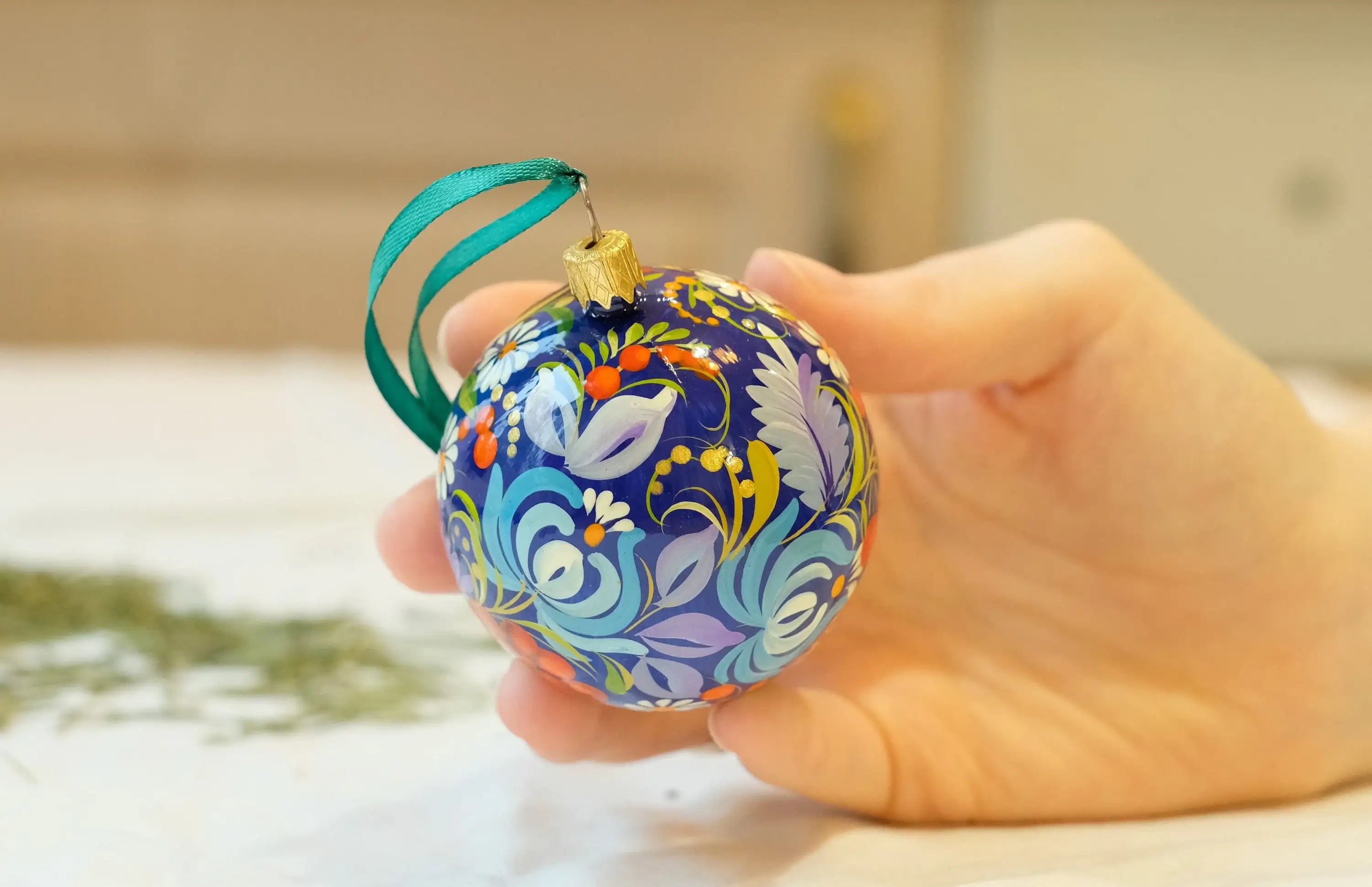 Set of 2 Painted Blue Flower Ukrainian Christmas Ball Ornaments 2.4 in, Gift-wrapped