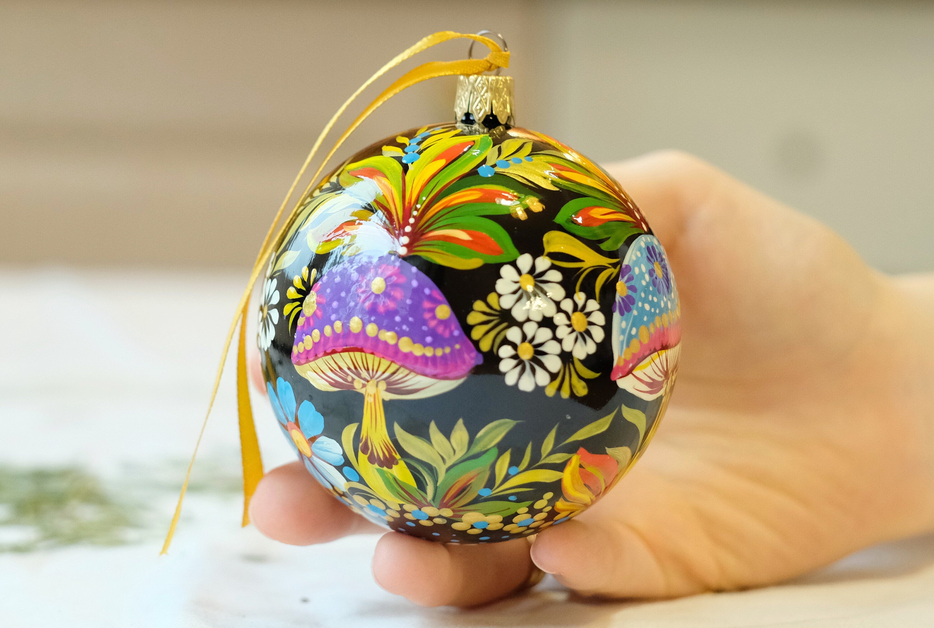 Personalized Painted Mushroom Christmas Ornament - Handmade Christmas Tree Decoration, Petrykivka Art
