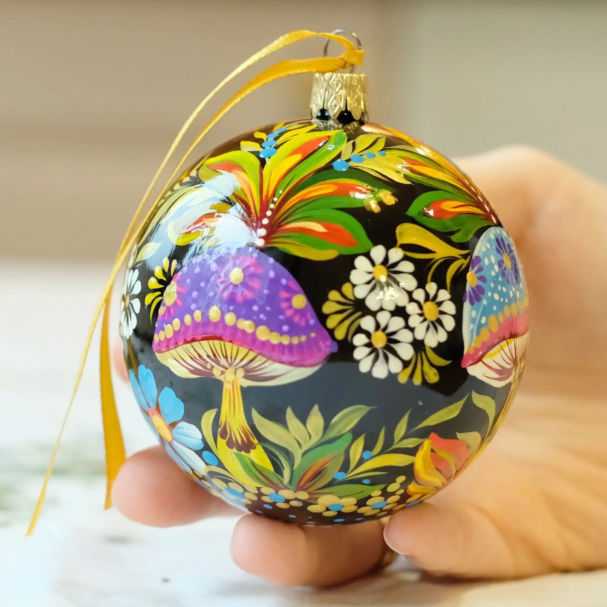 Personalized Painted Mushroom Christmas Ornament - Handmade Christmas Tree Decoration, Petrykivka Art
