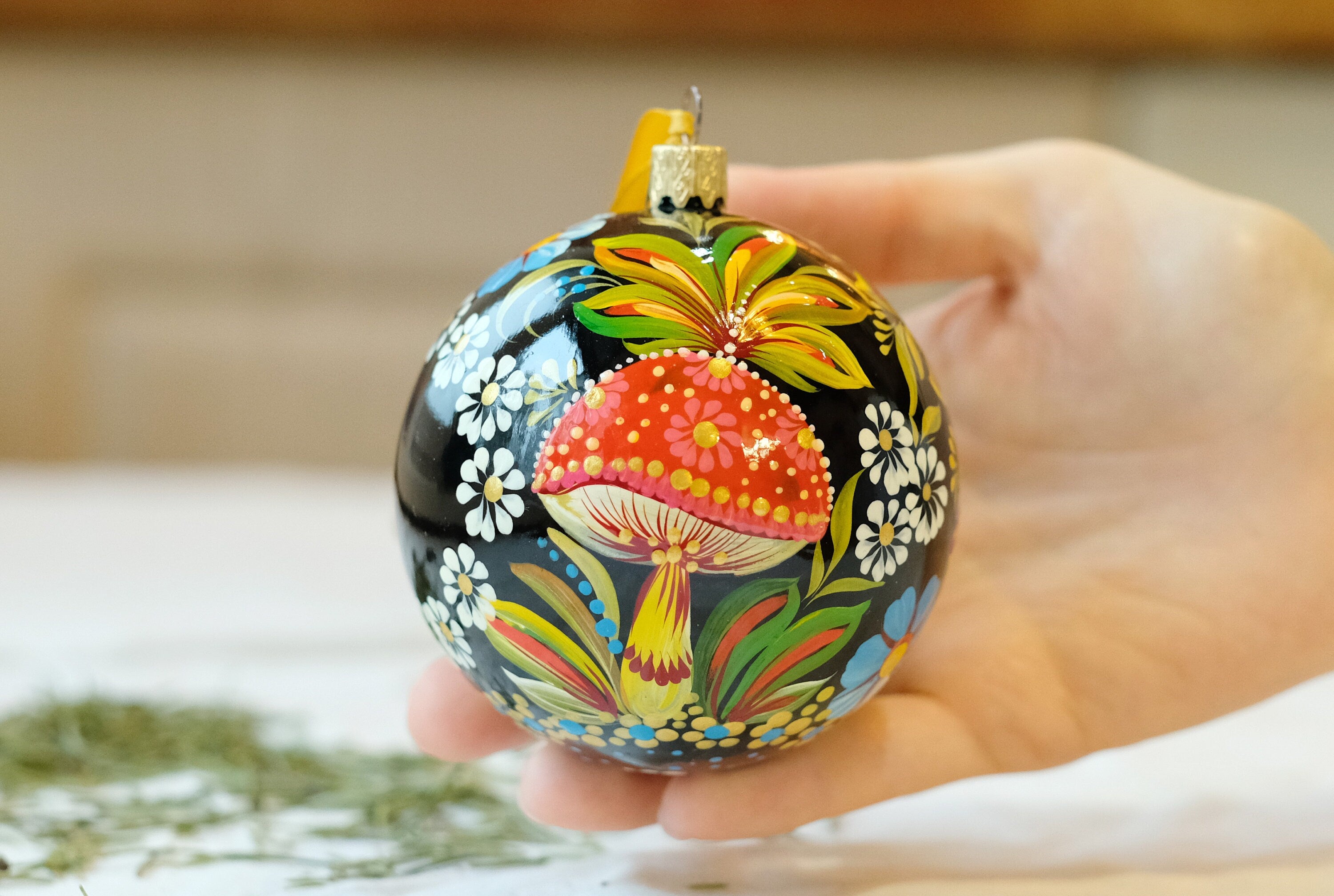 Personalized Painted Mushroom Christmas Ornament - Handmade Christmas Tree Decoration, Petrykivka Art
