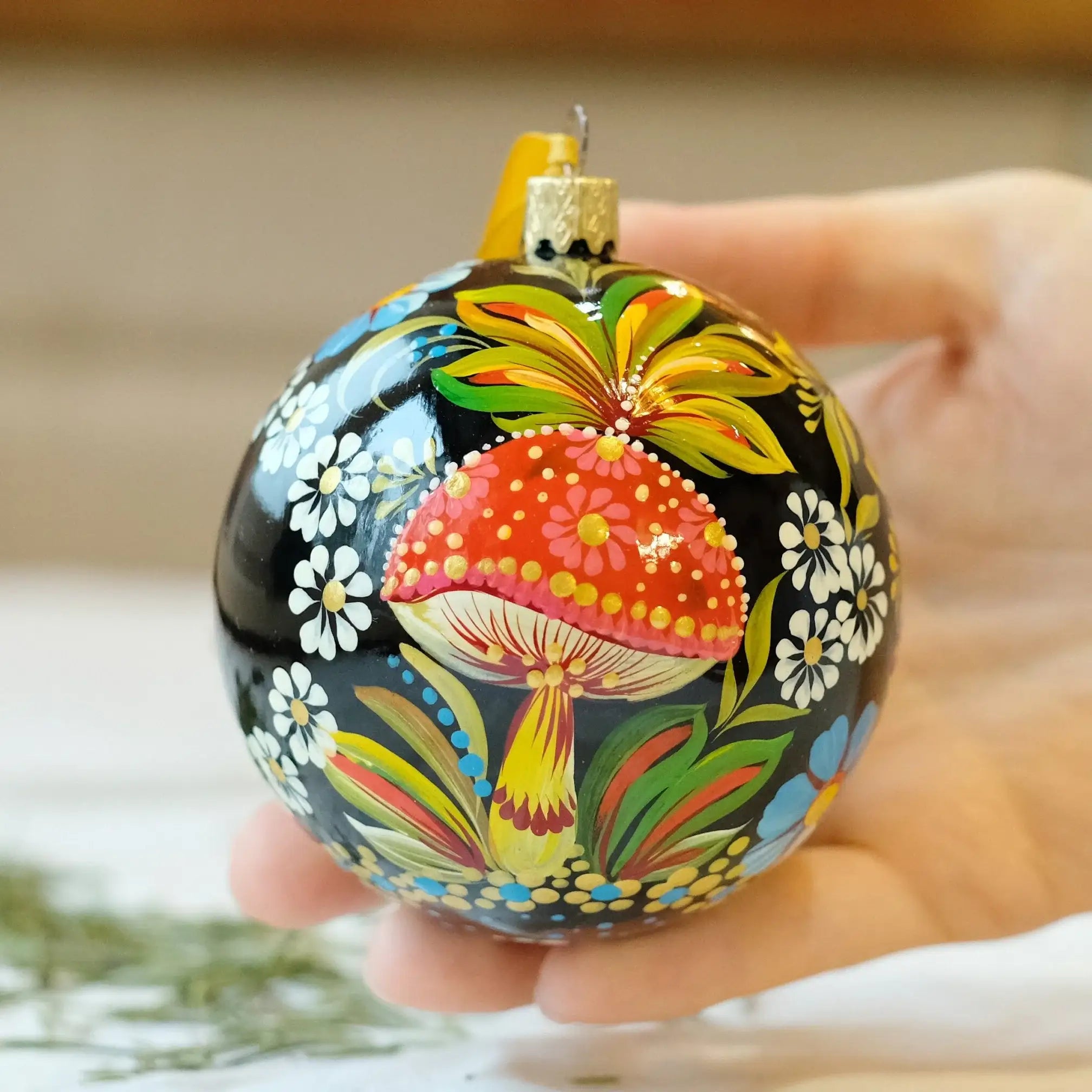 Personalized Painted Mushroom Christmas Ornament - Handmade Christmas Tree Decoration, Petrykivka Art