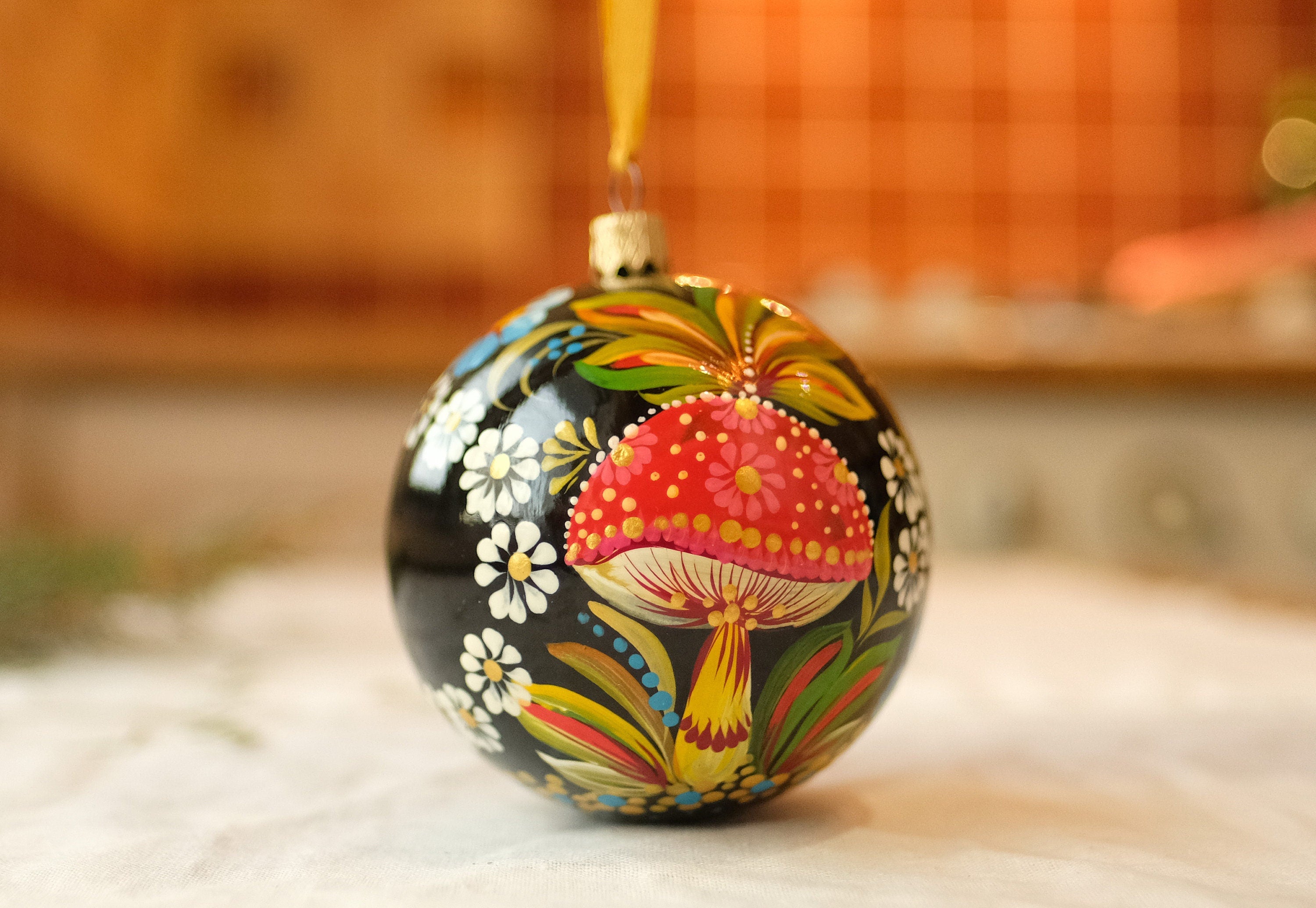 Personalized Painted Mushroom Christmas Ornament - Handmade Christmas Tree Decoration, Petrykivka Art