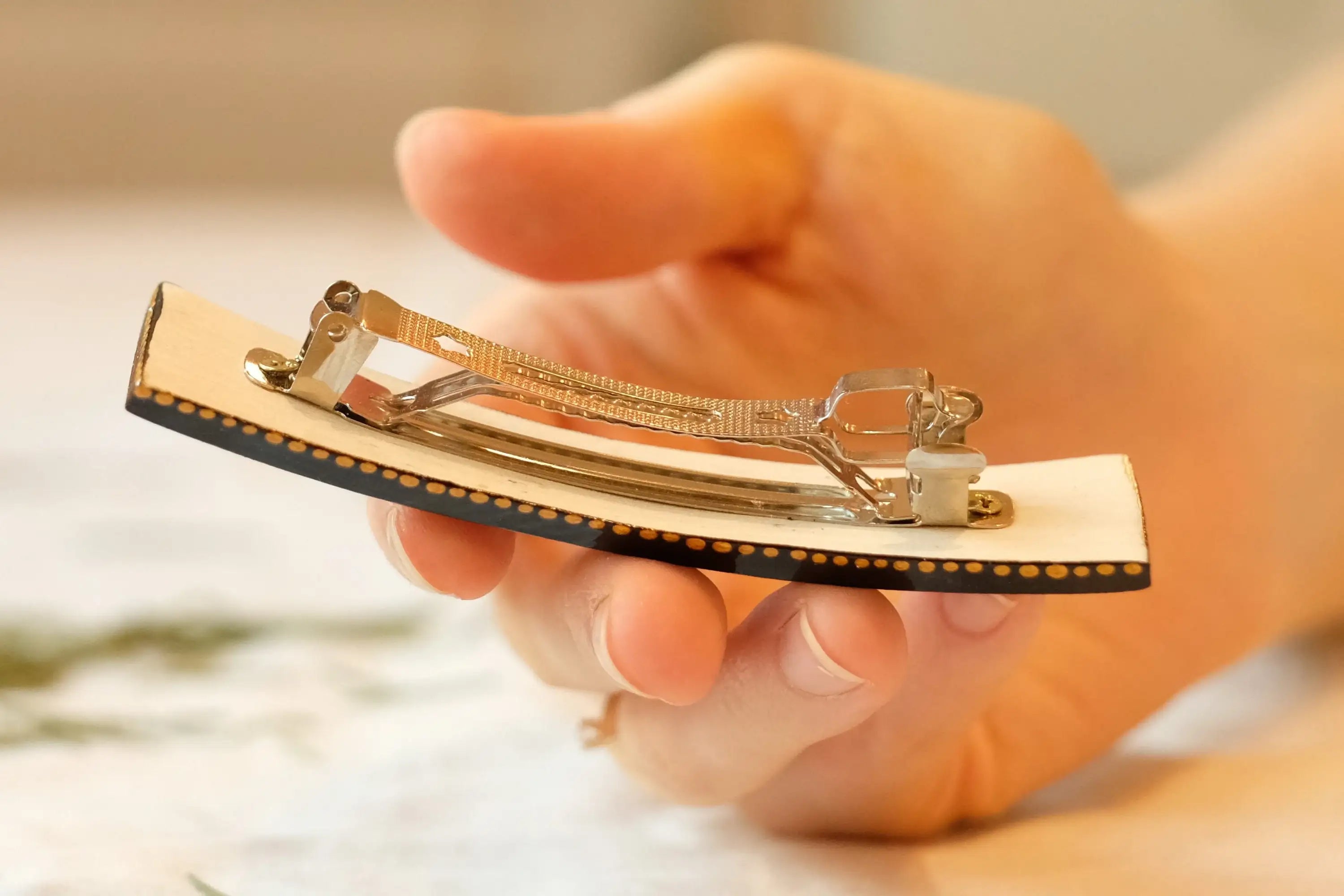 Painted Wooden Cherry Blossom Hair Barrette - Petrykivka Art Pink Flower French Hair Clip