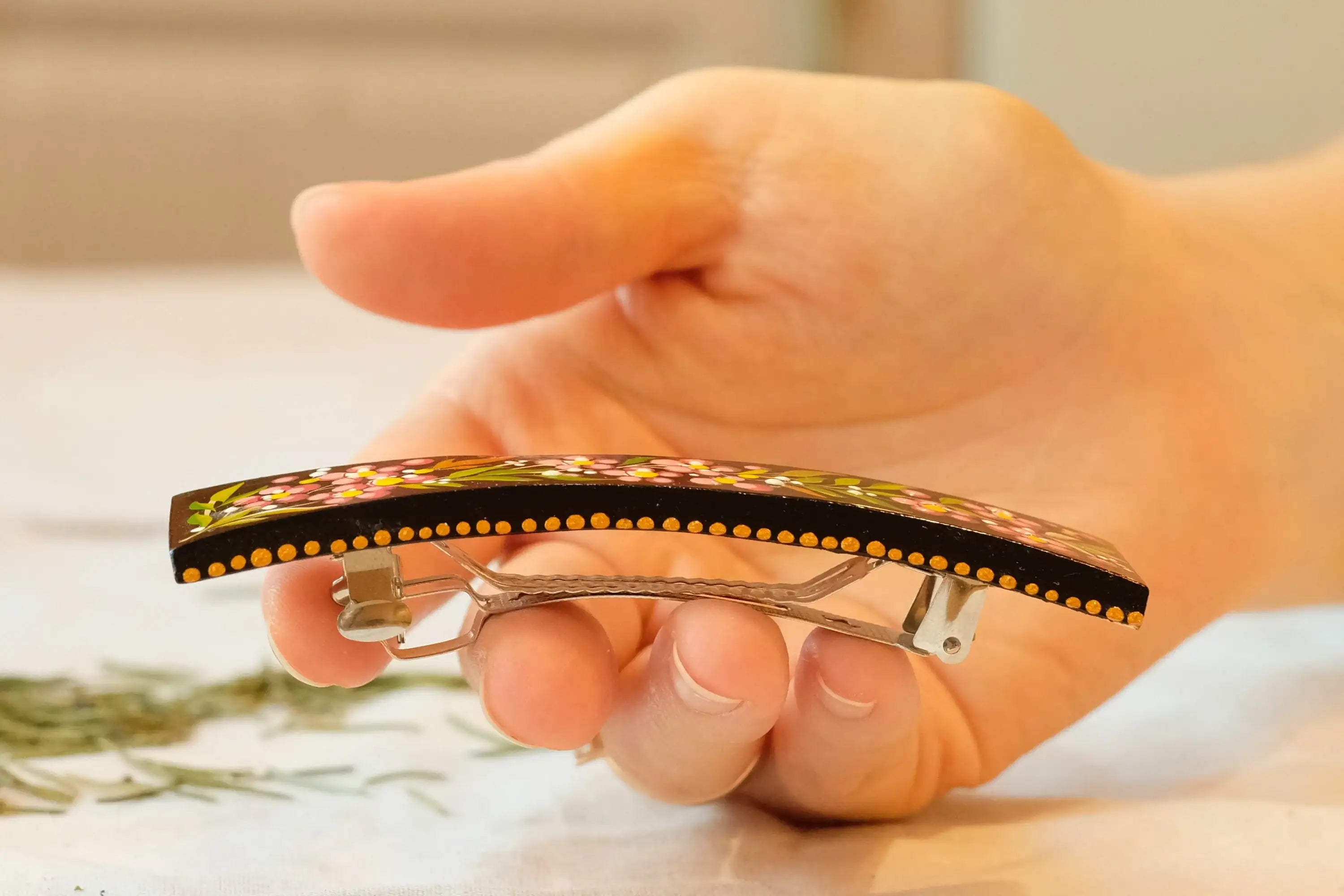 Painted Wooden Cherry Blossom Hair Barrette - Petrykivka Art Pink Flower French Hair Clip