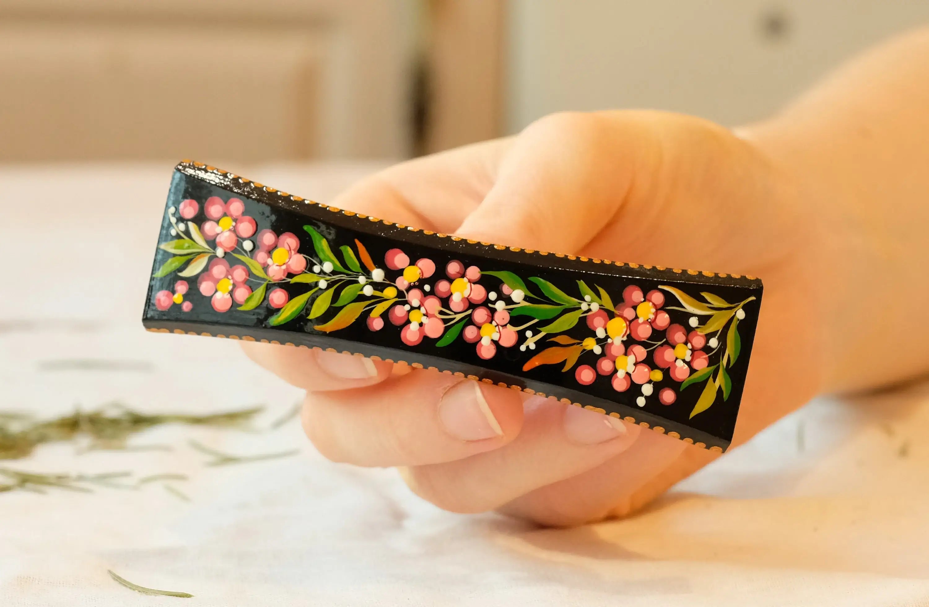 Painted Wooden Cherry Blossom Hair Barrette - Petrykivka Art Pink Flower French Hair Clip