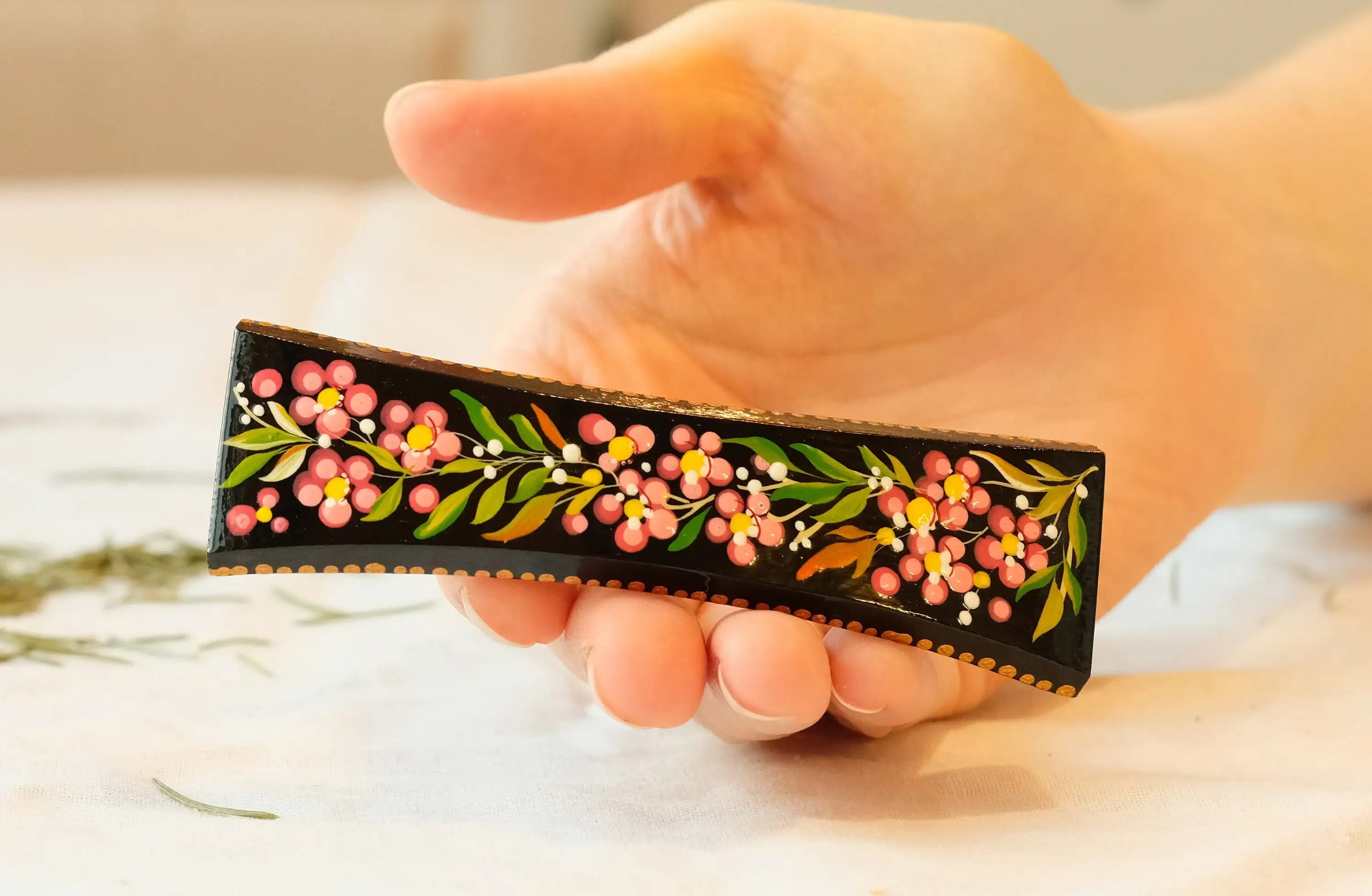 Painted Wooden Cherry Blossom Hair Barrette - Petrykivka Art Pink Flower French Hair Clip