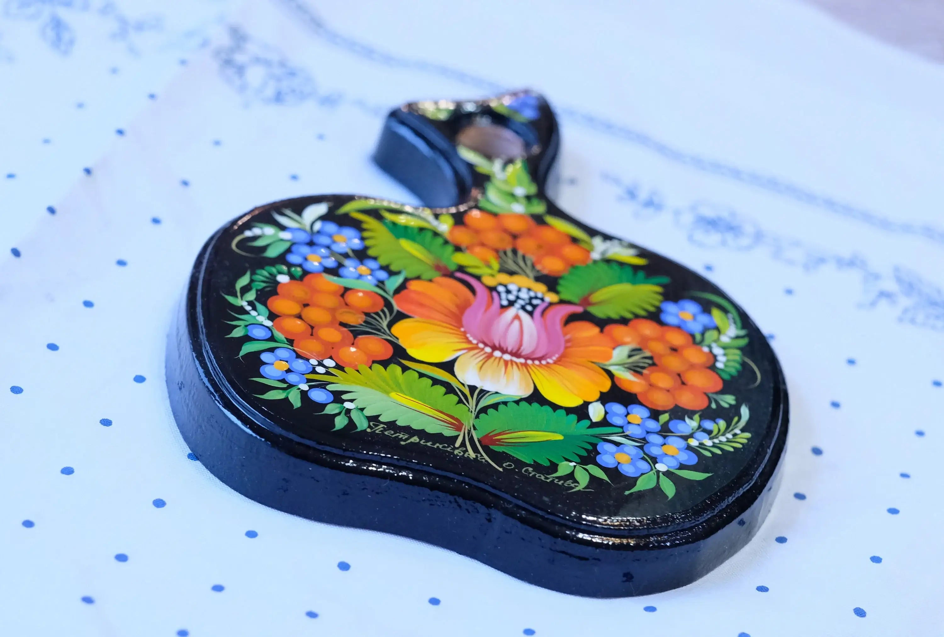 Mini Cutting Board Wooden - Functional Painted Chopping Board - Apple-shaped Orange Flower Kitchen Wall Decor, Petrykivka Art