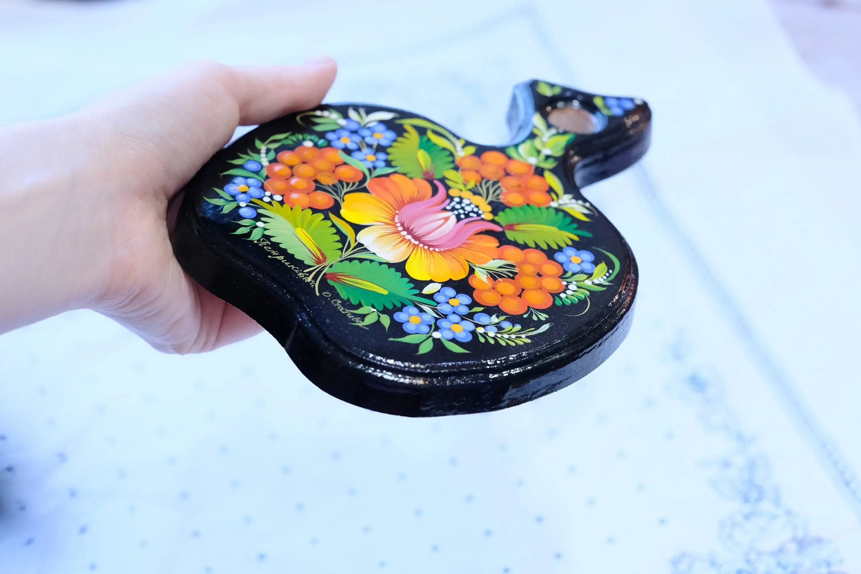 Mini Cutting Board Wooden - Functional Painted Chopping Board - Apple-shaped Orange Flower Kitchen Wall Decor, Petrykivka Art