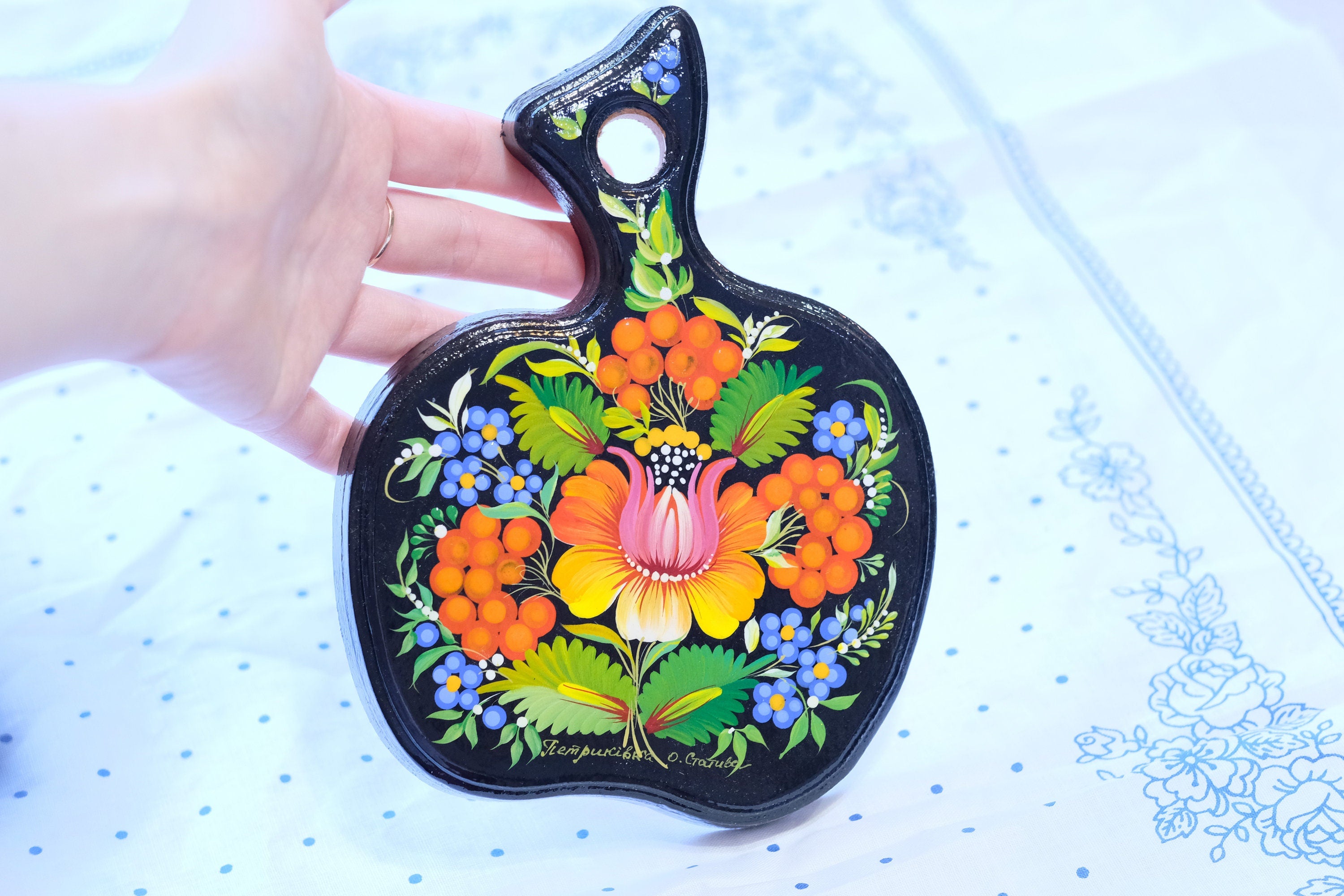 Mini Cutting Board Wooden - Functional Painted Chopping Board - Apple-shaped Orange Flower Kitchen Wall Decor, Petrykivka Art
