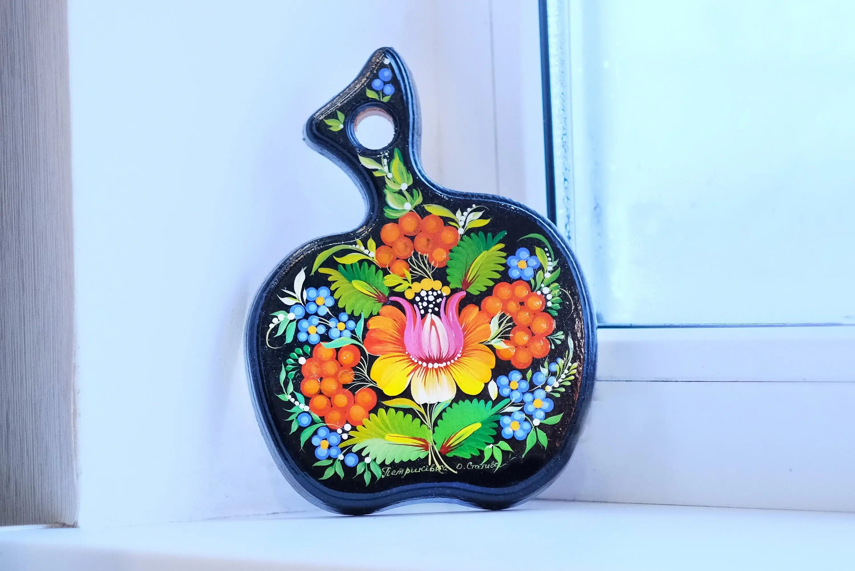 Mini Cutting Board Wooden - Functional Painted Chopping Board - Apple-shaped Orange Flower Kitchen Wall Decor, Petrykivka Art