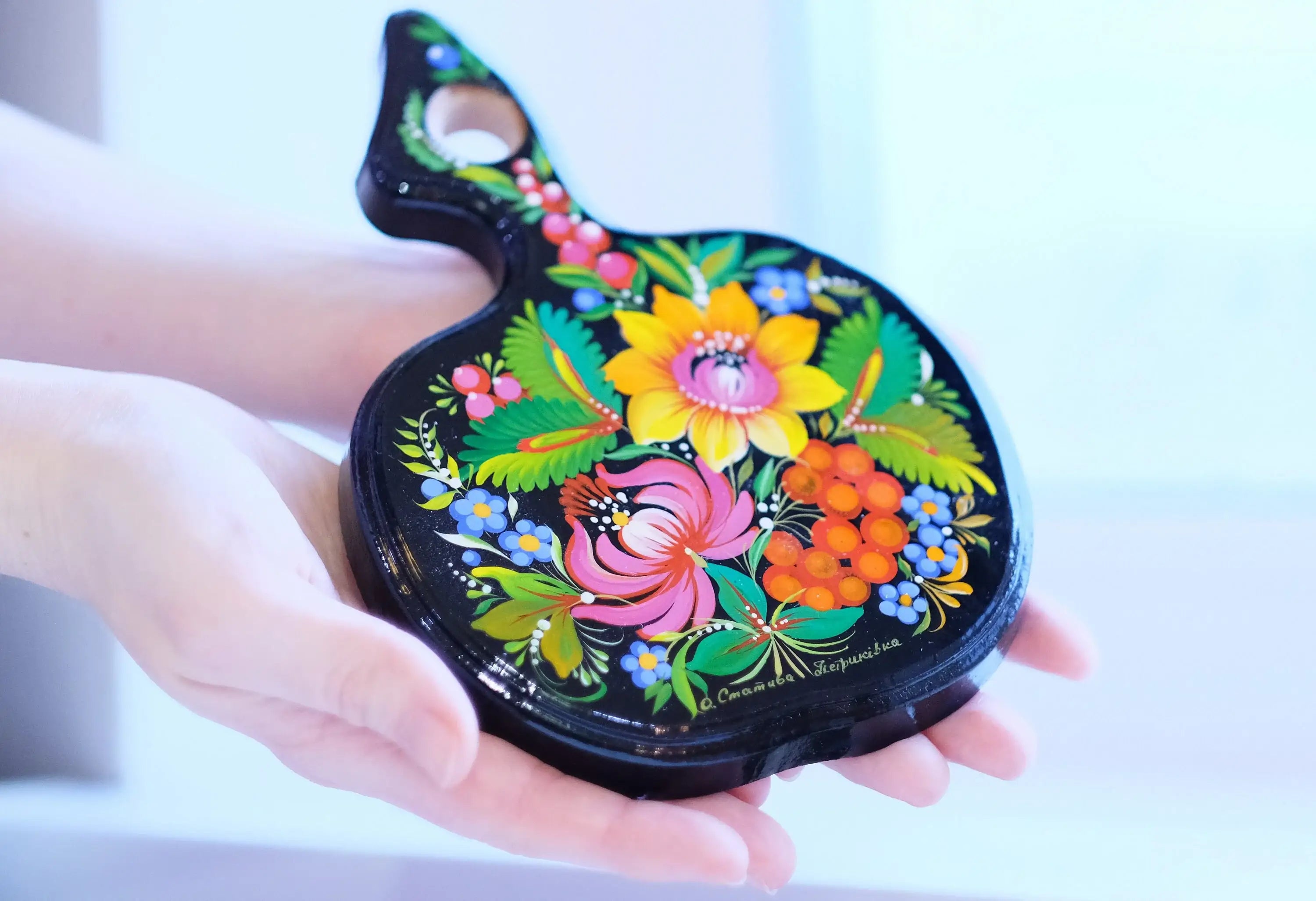 Mini Cutting Board Wooden - Functional Painted Chopping Board - Apple-shaped Sunflower Kitchen Wall Decor, Petrykivka Art