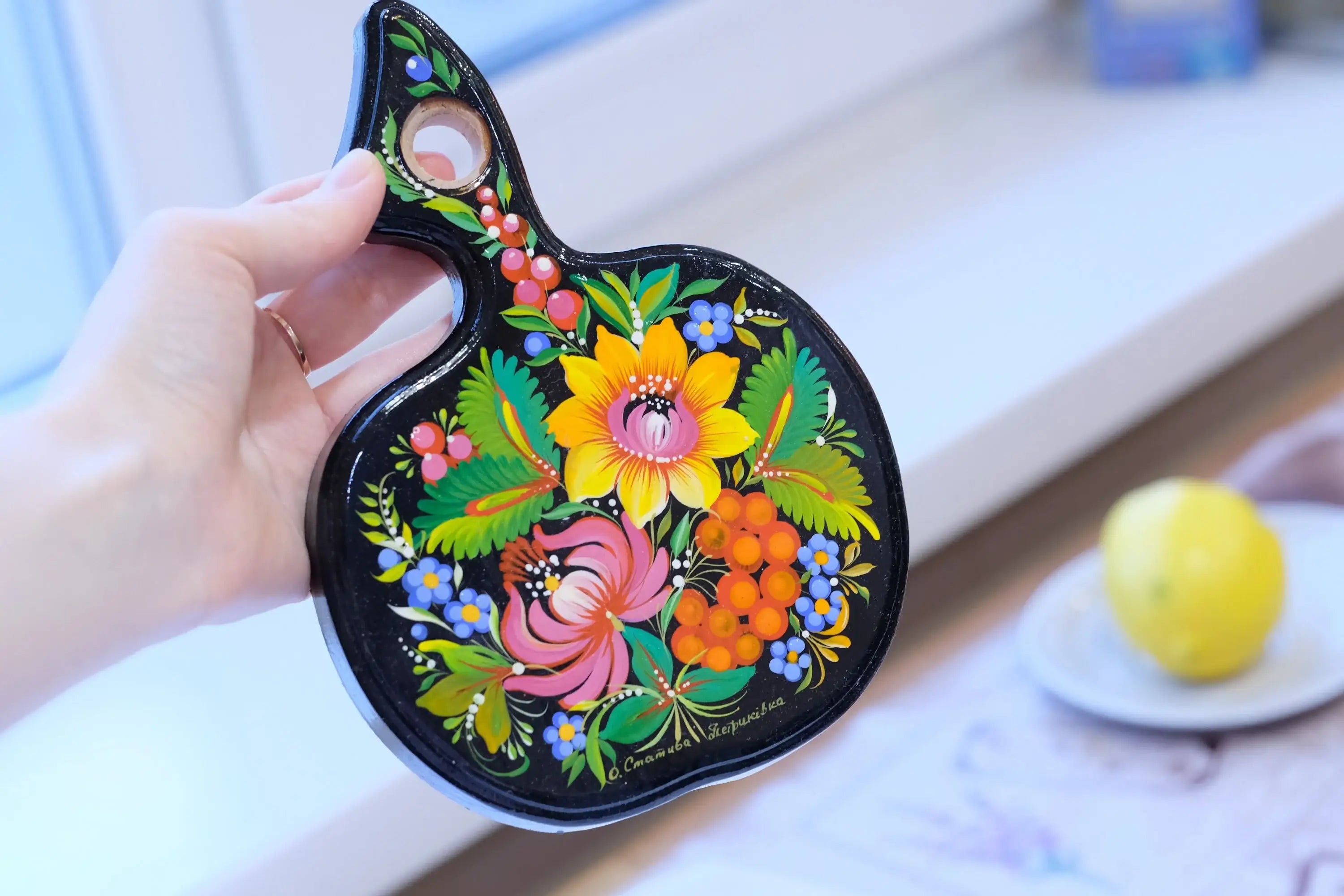 Mini Cutting Board Wooden - Functional Painted Chopping Board - Apple-shaped Sunflower Kitchen Wall Decor, Petrykivka Art