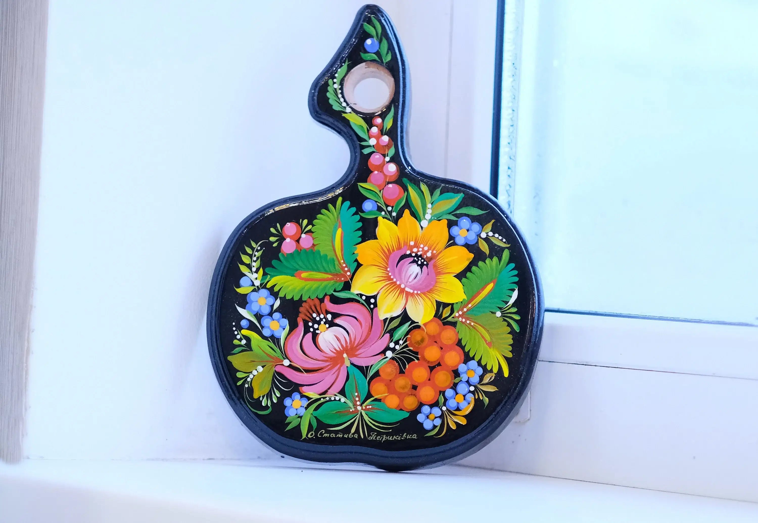 Mini Cutting Board Wooden - Functional Painted Chopping Board - Apple-shaped Sunflower Kitchen Wall Decor, Petrykivka Art