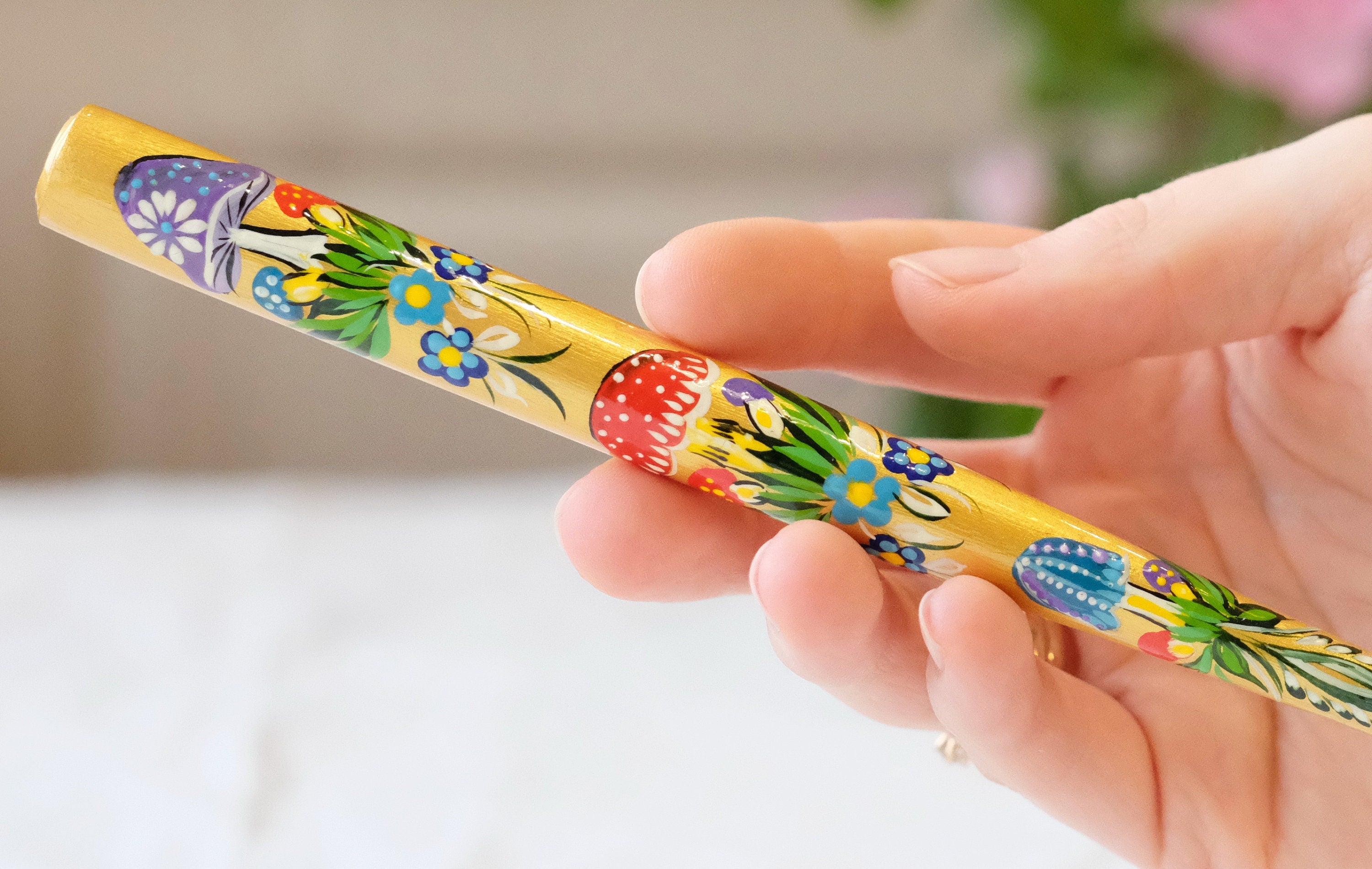 Long Regular Cigarette Holder - Painted Wooden Mushroom Cigarette Holder with Ukrainian Folk Art Petrykivka
