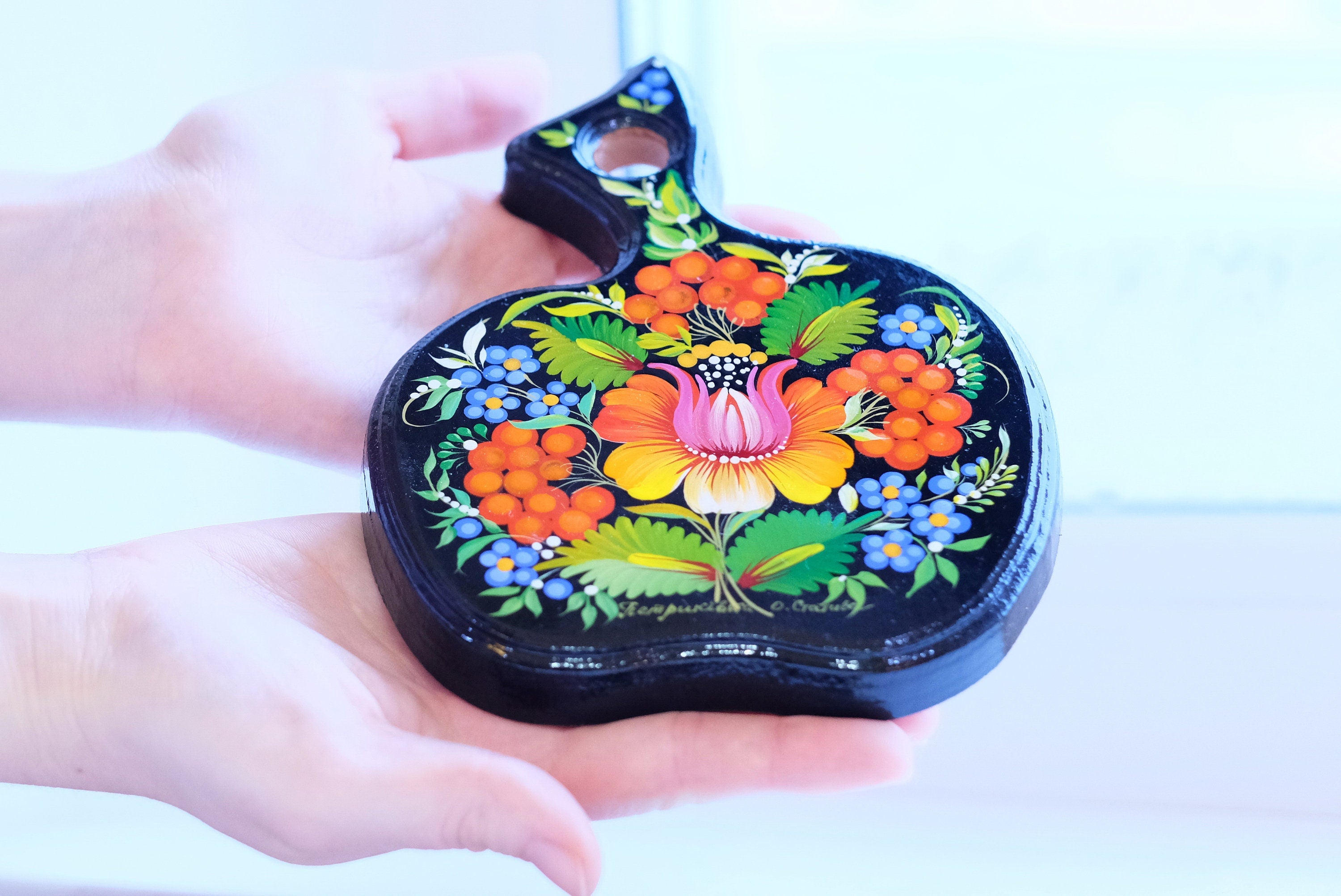 Mini Cutting Board Wooden - Functional Painted Chopping Board - Apple-shaped Orange Flower Kitchen Wall Decor, Petrykivka Art