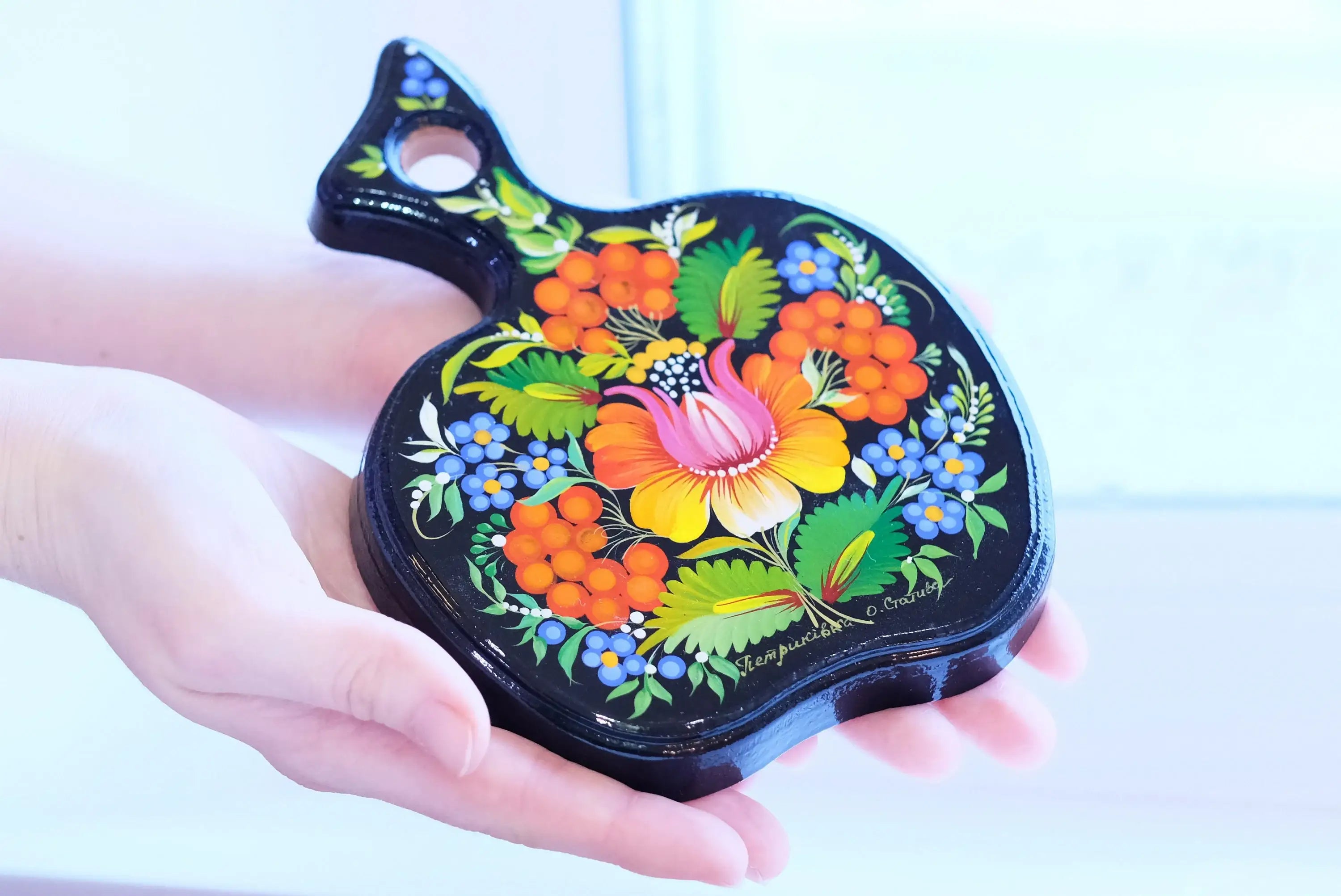 Mini Cutting Board Wooden - Functional Painted Chopping Board - Apple-shaped Orange Flower Kitchen Wall Decor, Petrykivka Art