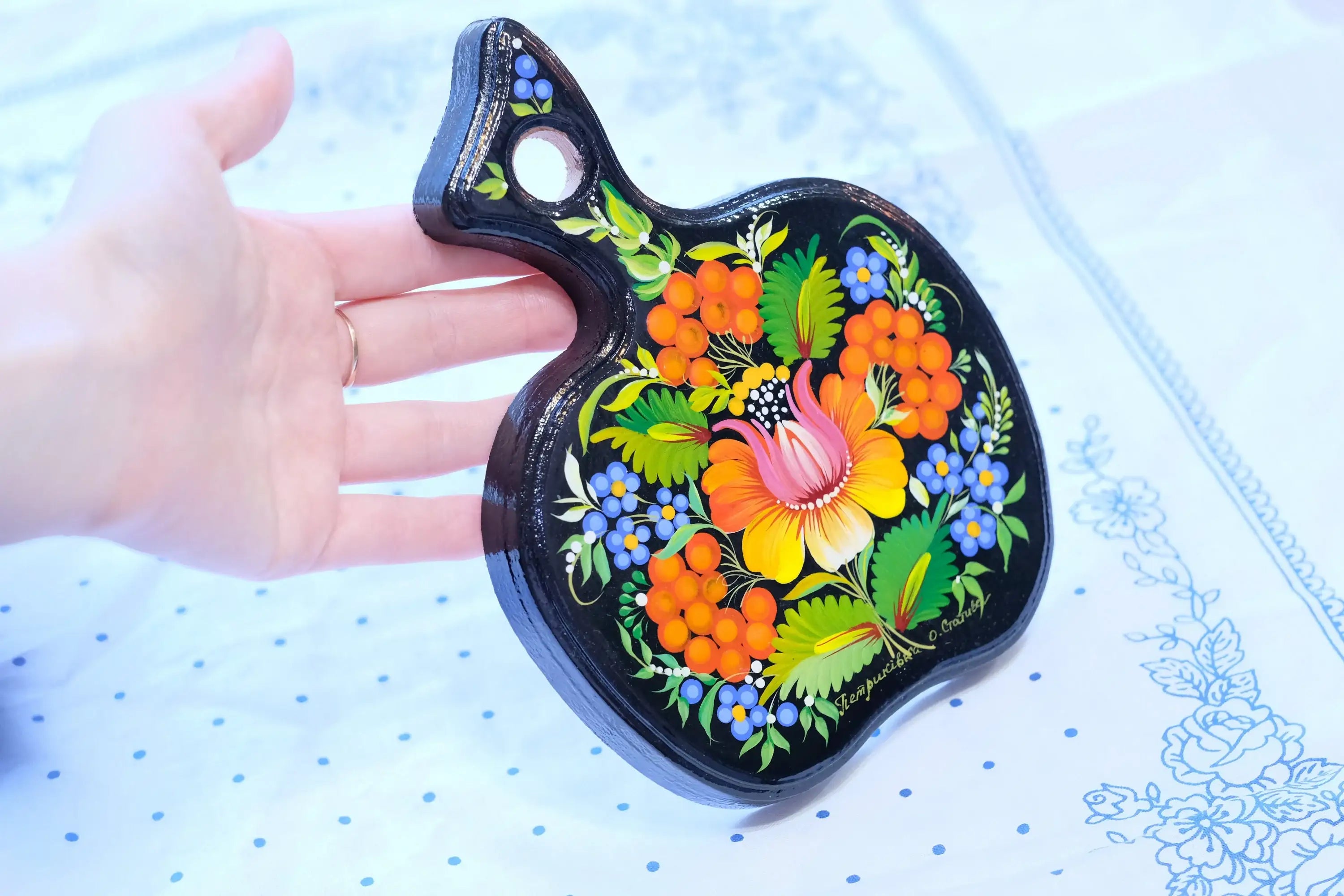 Mini Cutting Board Wooden - Functional Painted Chopping Board - Apple-shaped Orange Flower Kitchen Wall Decor, Petrykivka Art