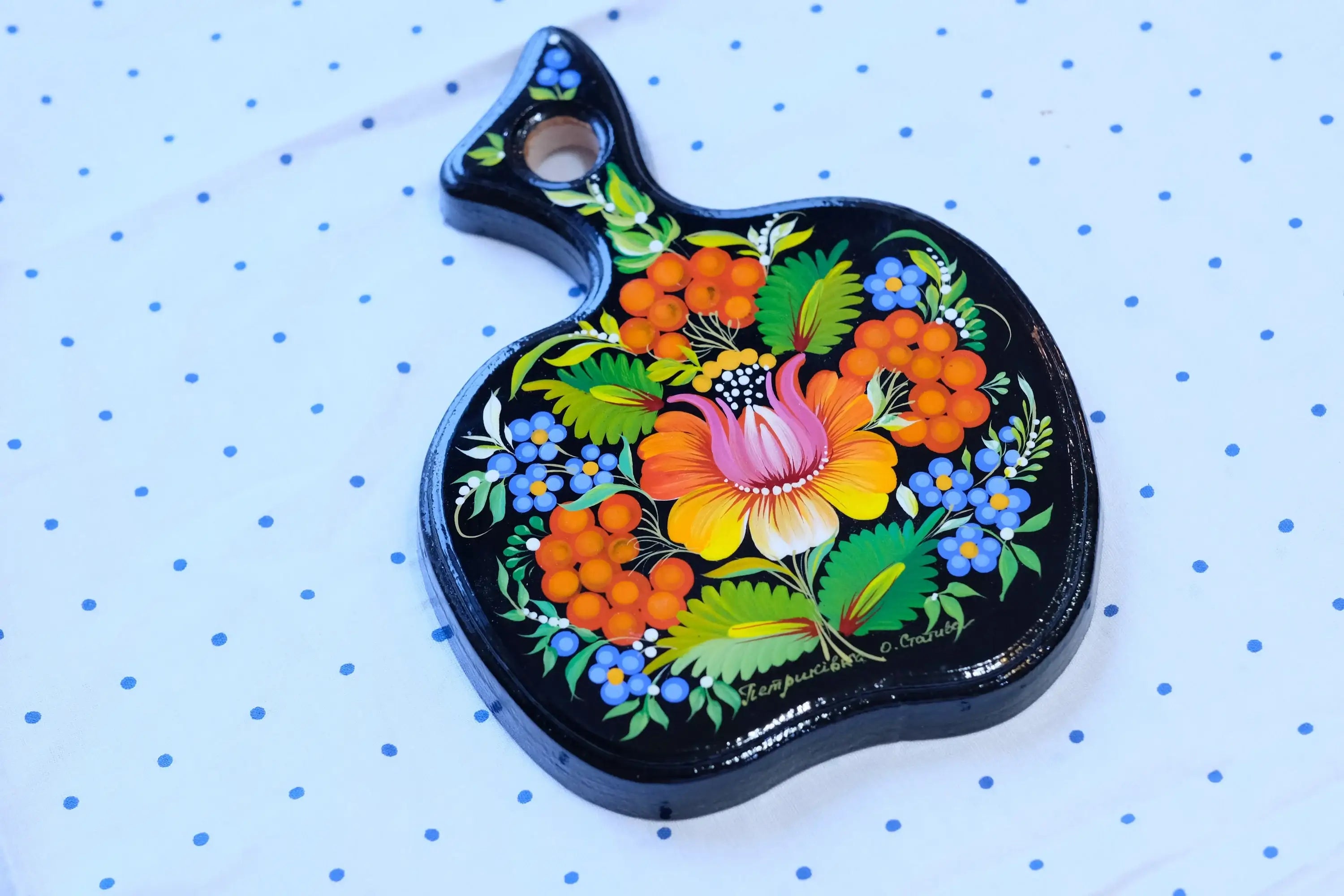 Mini Cutting Board Wooden - Functional Painted Chopping Board - Apple-shaped Orange Flower Kitchen Wall Decor, Petrykivka Art