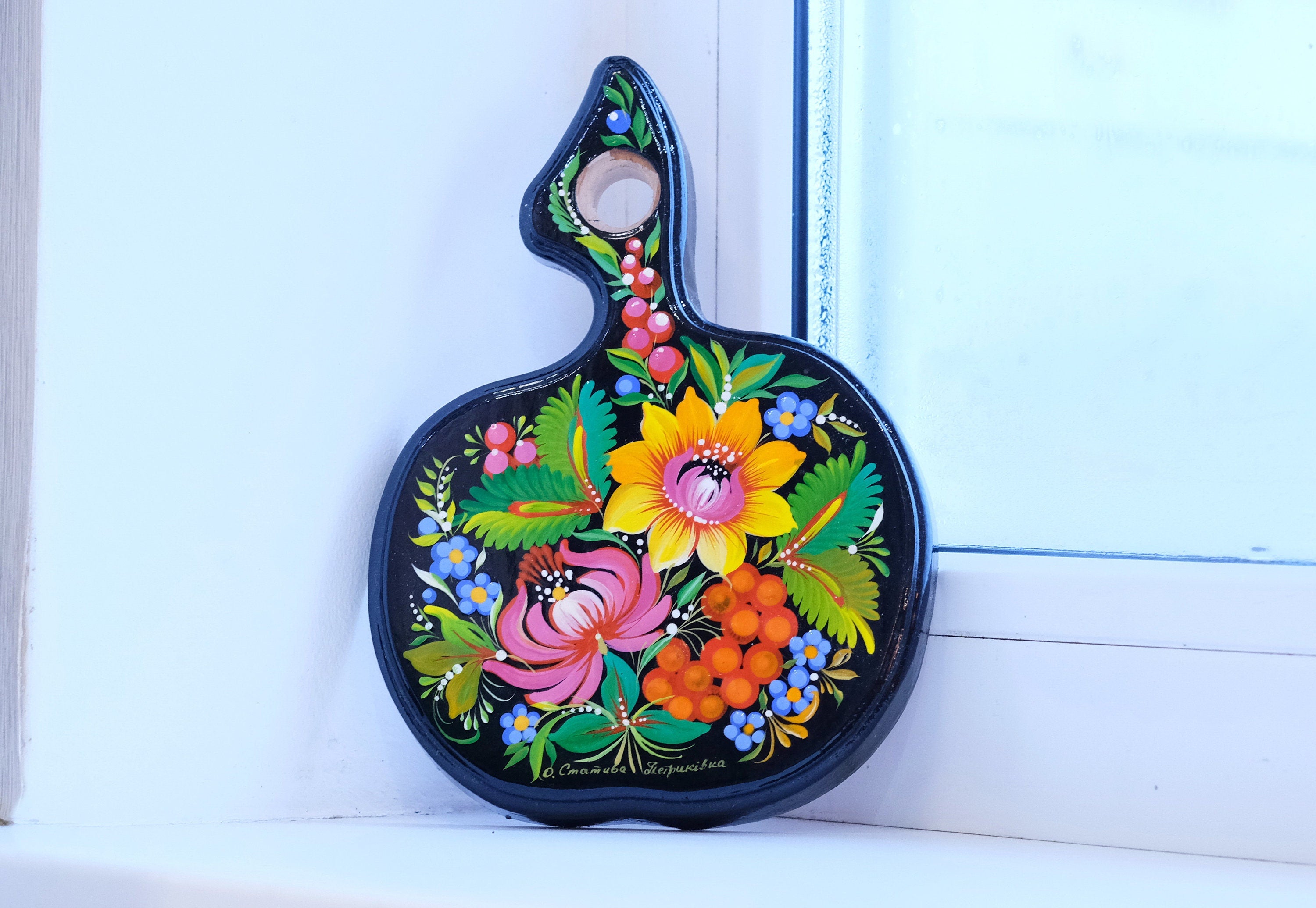 Mini Cutting Board Wooden - Functional Painted Chopping Board - Apple-shaped Sunflower Kitchen Wall Decor, Petrykivka Art