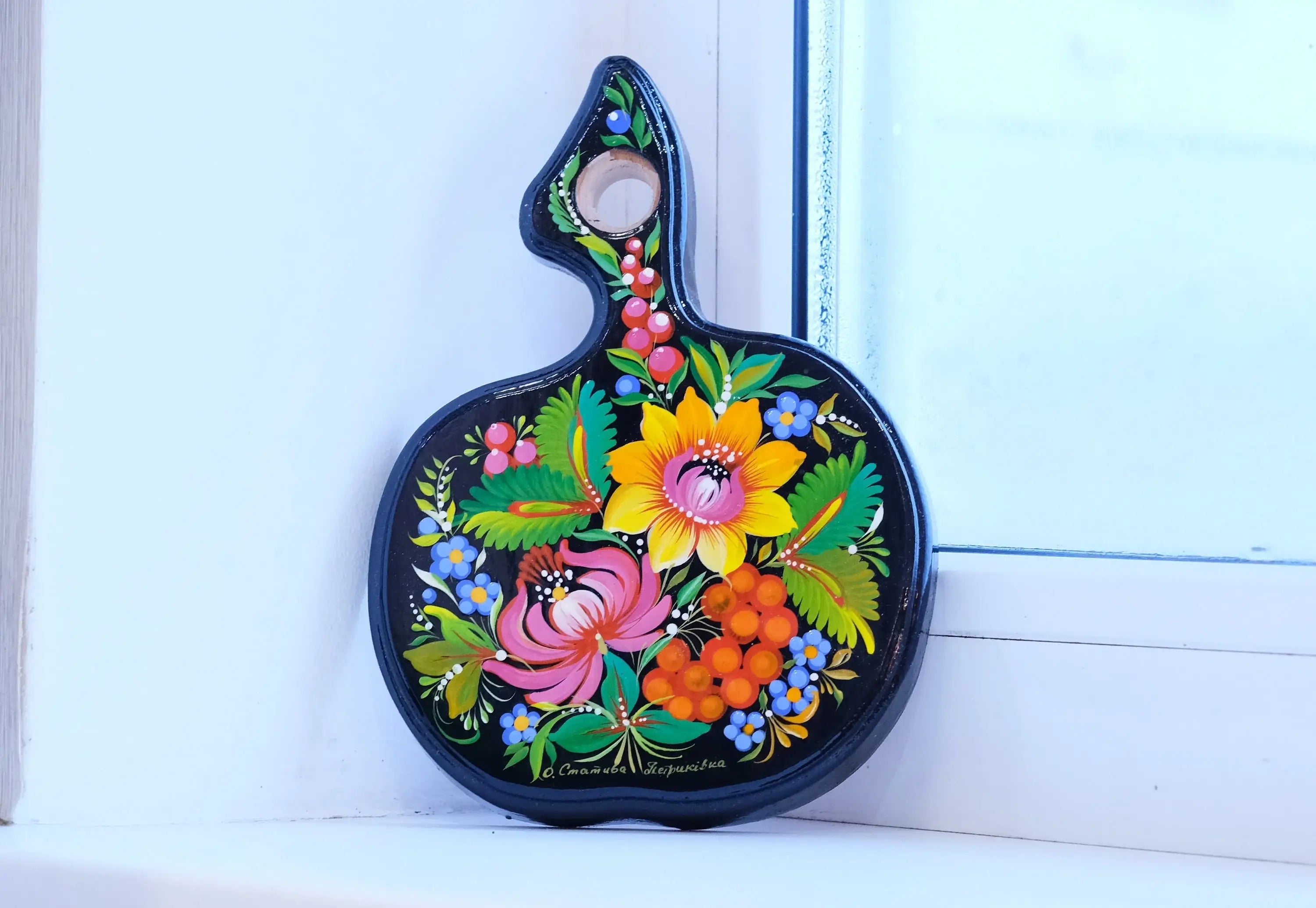 Mini Cutting Board Wooden - Functional Painted Chopping Board - Apple-shaped Sunflower Kitchen Wall Decor, Petrykivka Art