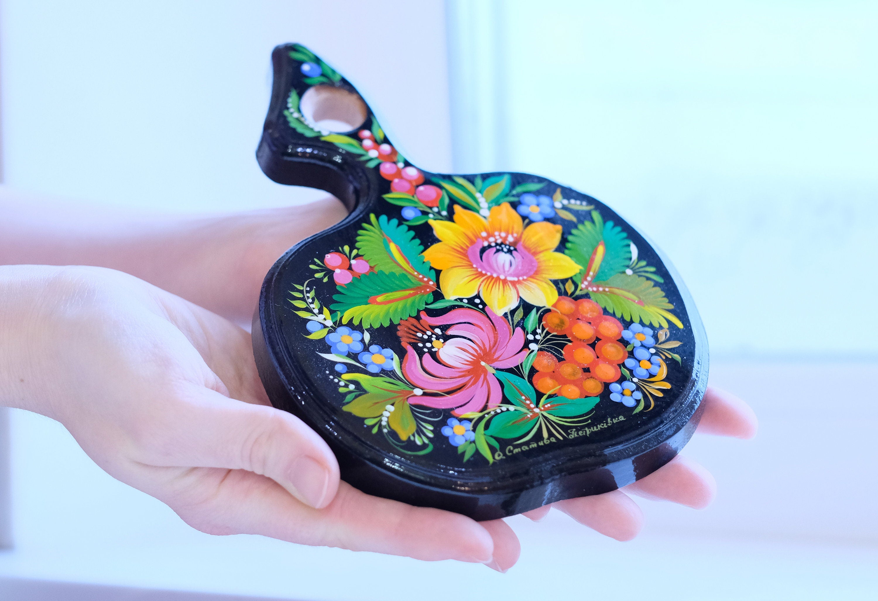Mini Cutting Board Wooden - Functional Painted Chopping Board - Apple-shaped Sunflower Kitchen Wall Decor, Petrykivka Art