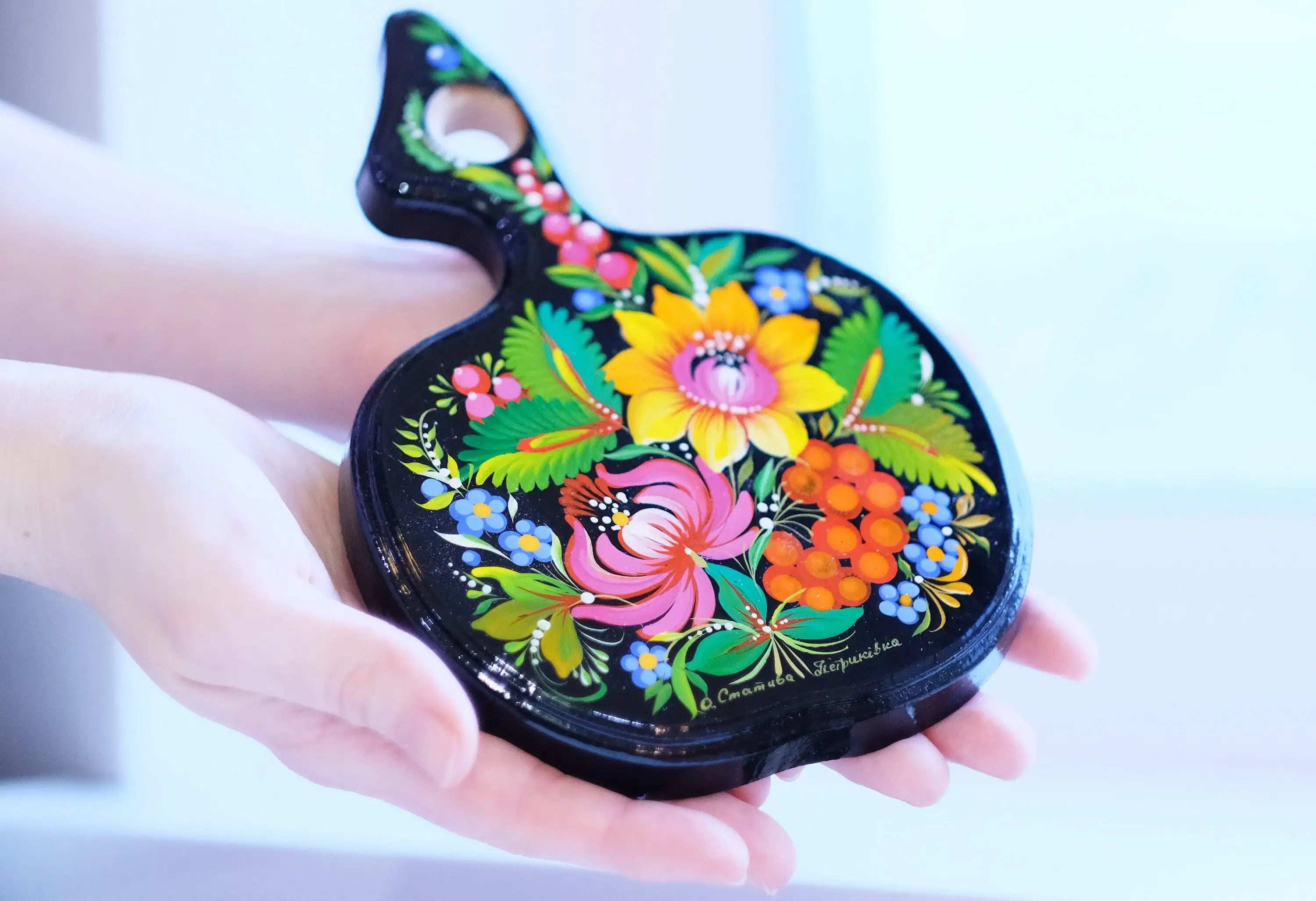 Mini Cutting Board Wooden - Functional Painted Chopping Board - Apple-shaped Sunflower Kitchen Wall Decor, Petrykivka Art