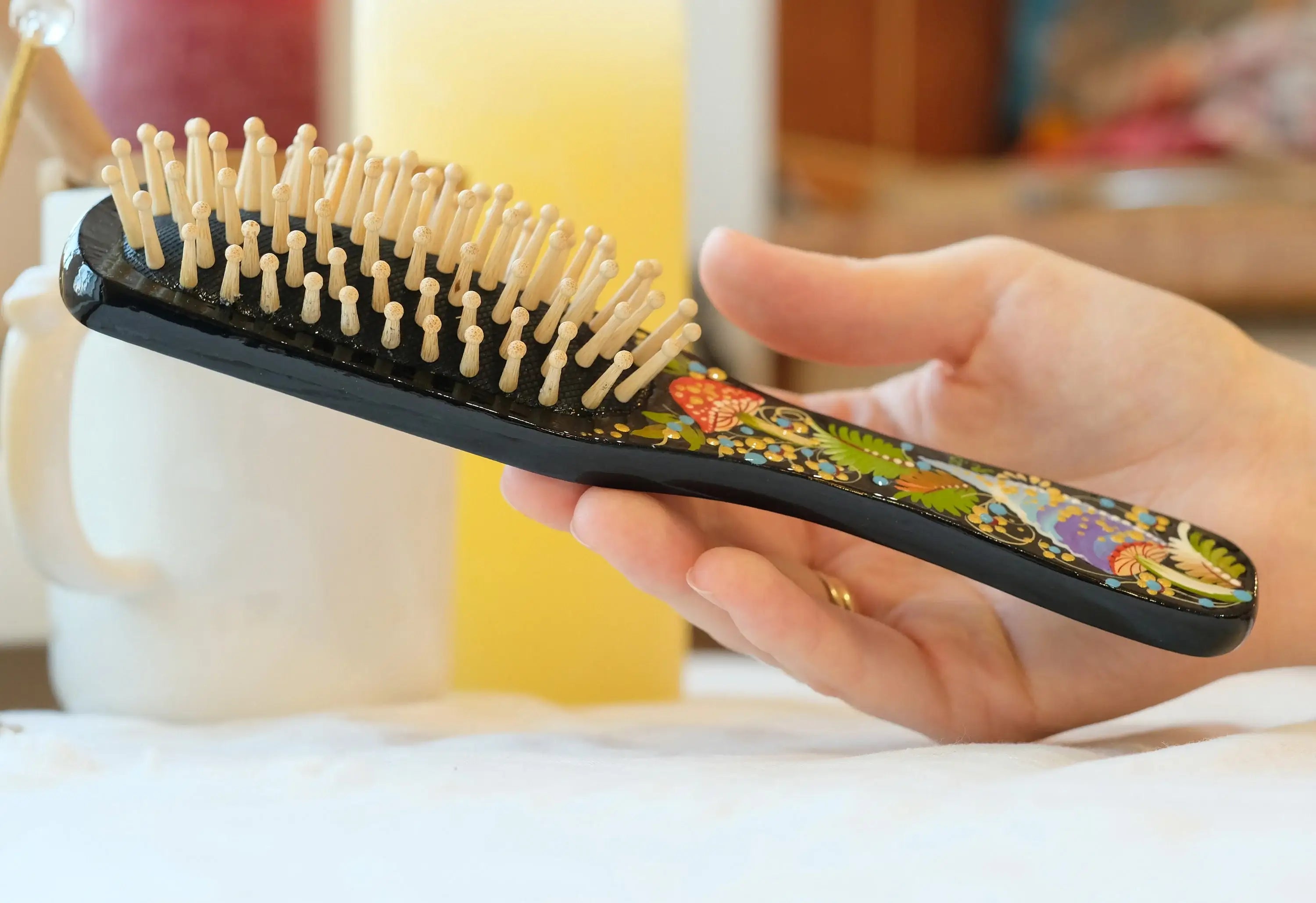 Painted Wooden Mushroom Hairbrush - Wooden Bristle Massage Brush, Large Wooden Paddle Brush, Petrykivka Art