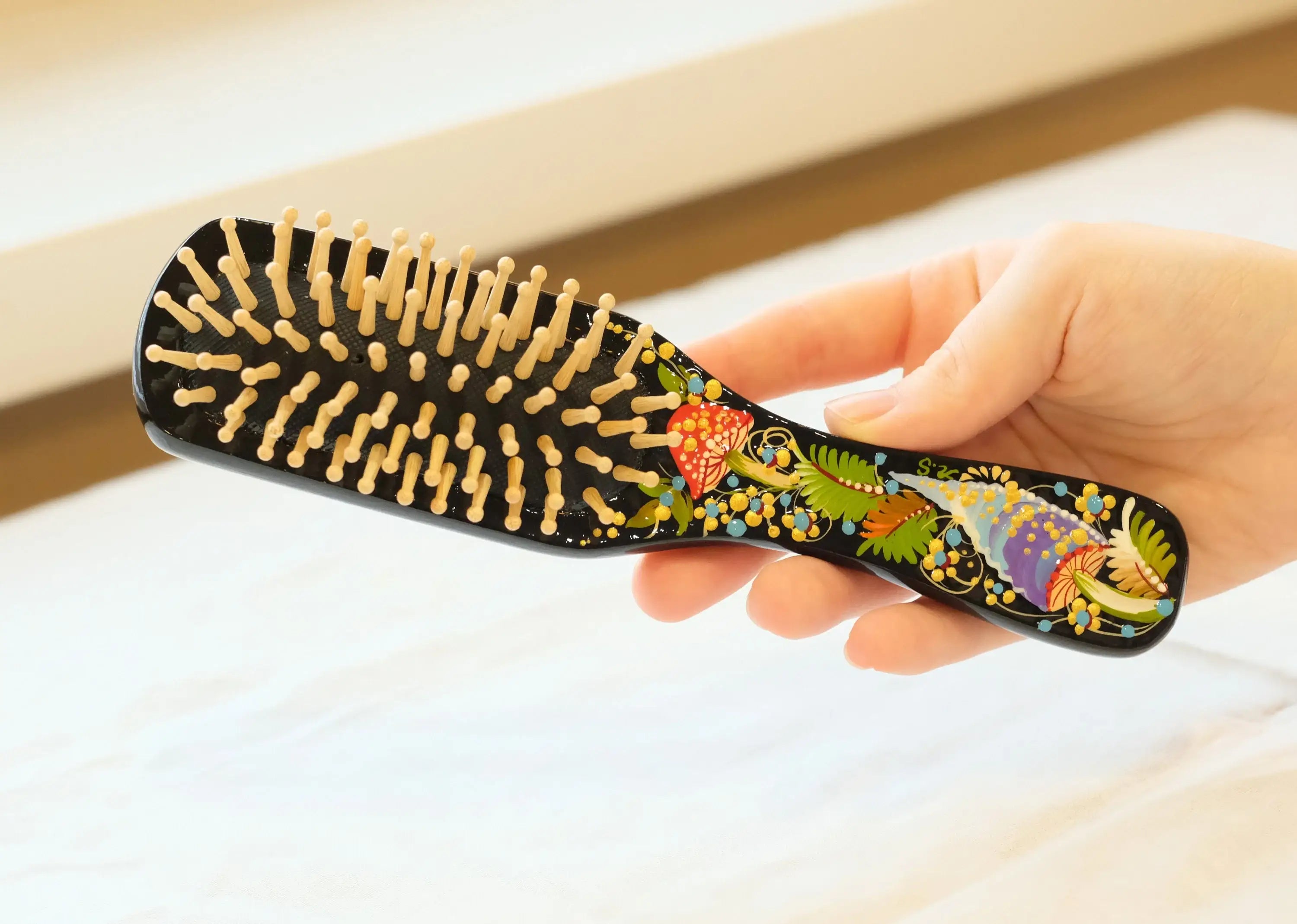 Painted Wooden Mushroom Hairbrush - Wooden Bristle Massage Brush, Large Wooden Paddle Brush, Petrykivka Art
