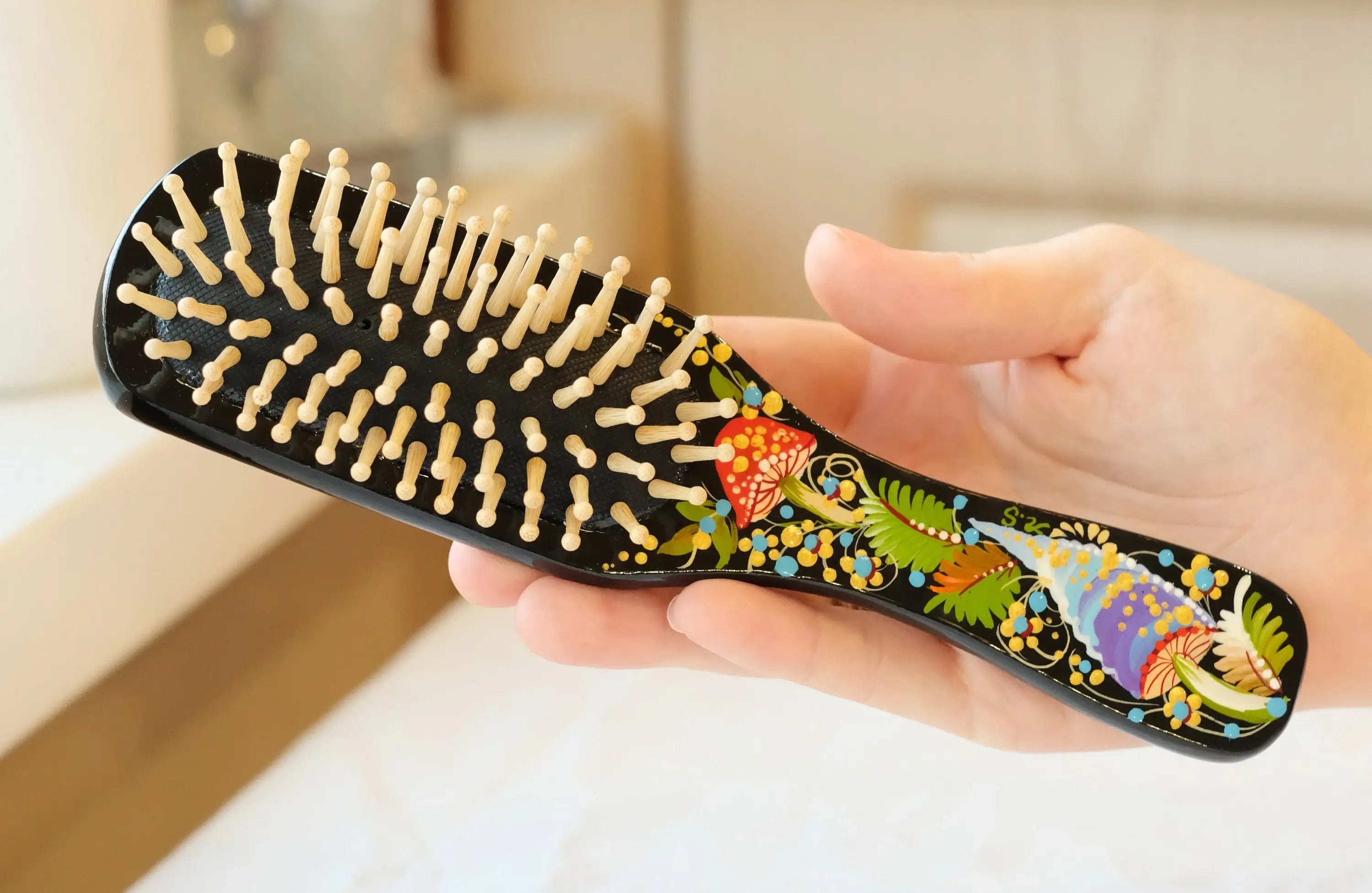 Painted Wooden Mushroom Hairbrush - Wooden Bristle Massage Brush, Large Wooden Paddle Brush, Petrykivka Art