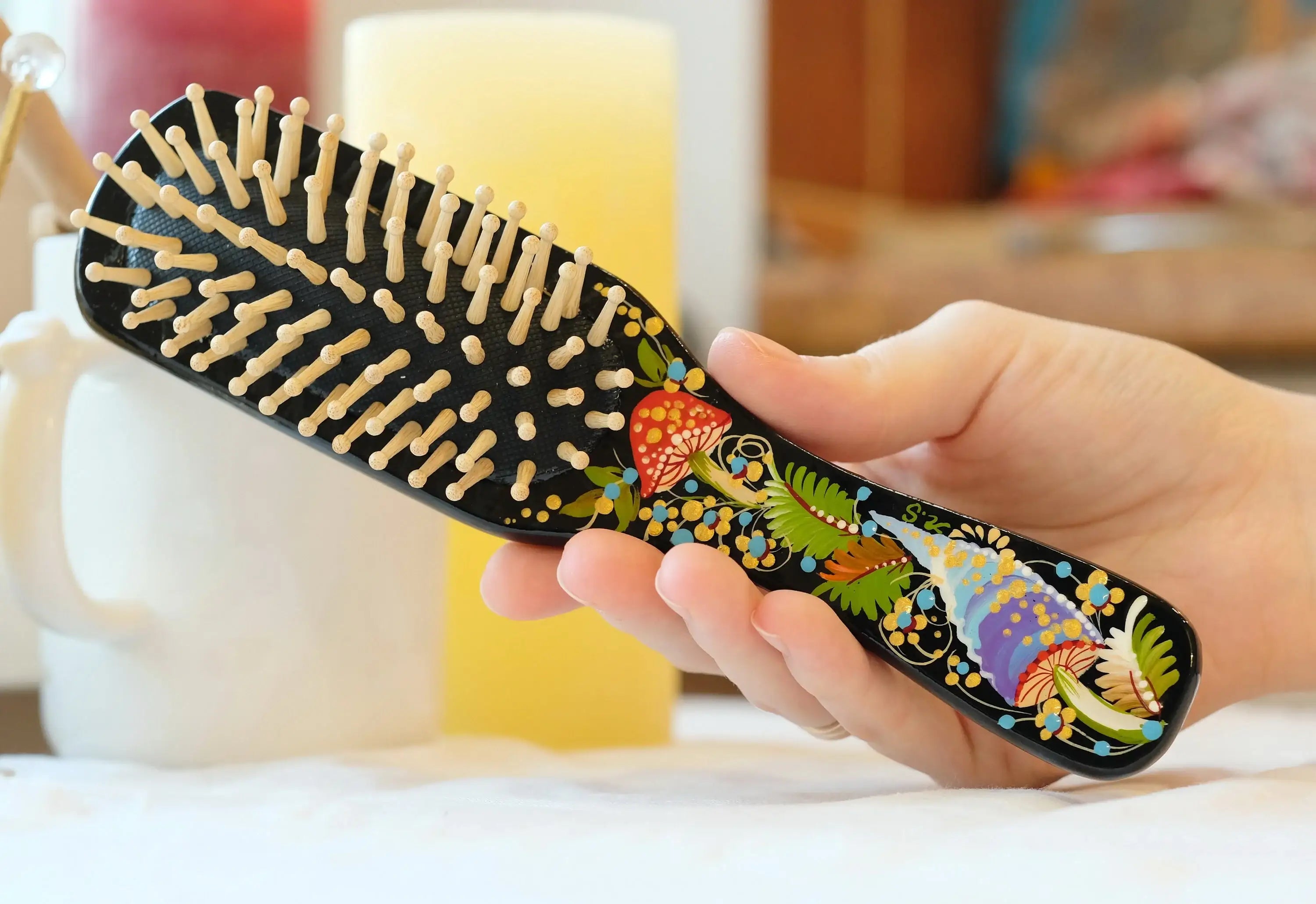 Painted Wooden Mushroom Hairbrush - Wooden Bristle Massage Brush, Large Wooden Paddle Brush, Petrykivka Art