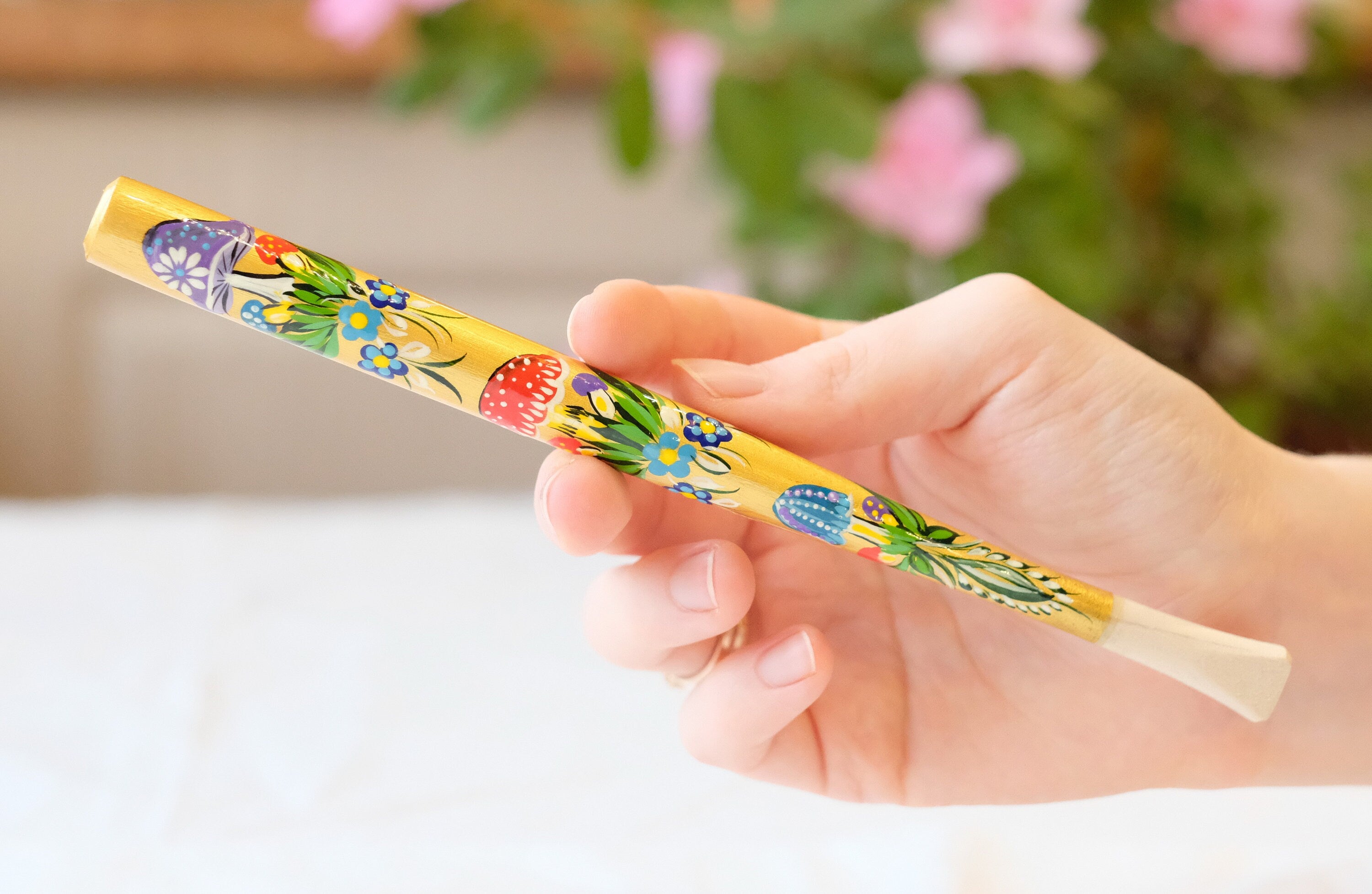 Long Regular Cigarette Holder - Painted Wooden Mushroom Cigarette Holder with Ukrainian Folk Art Petrykivka