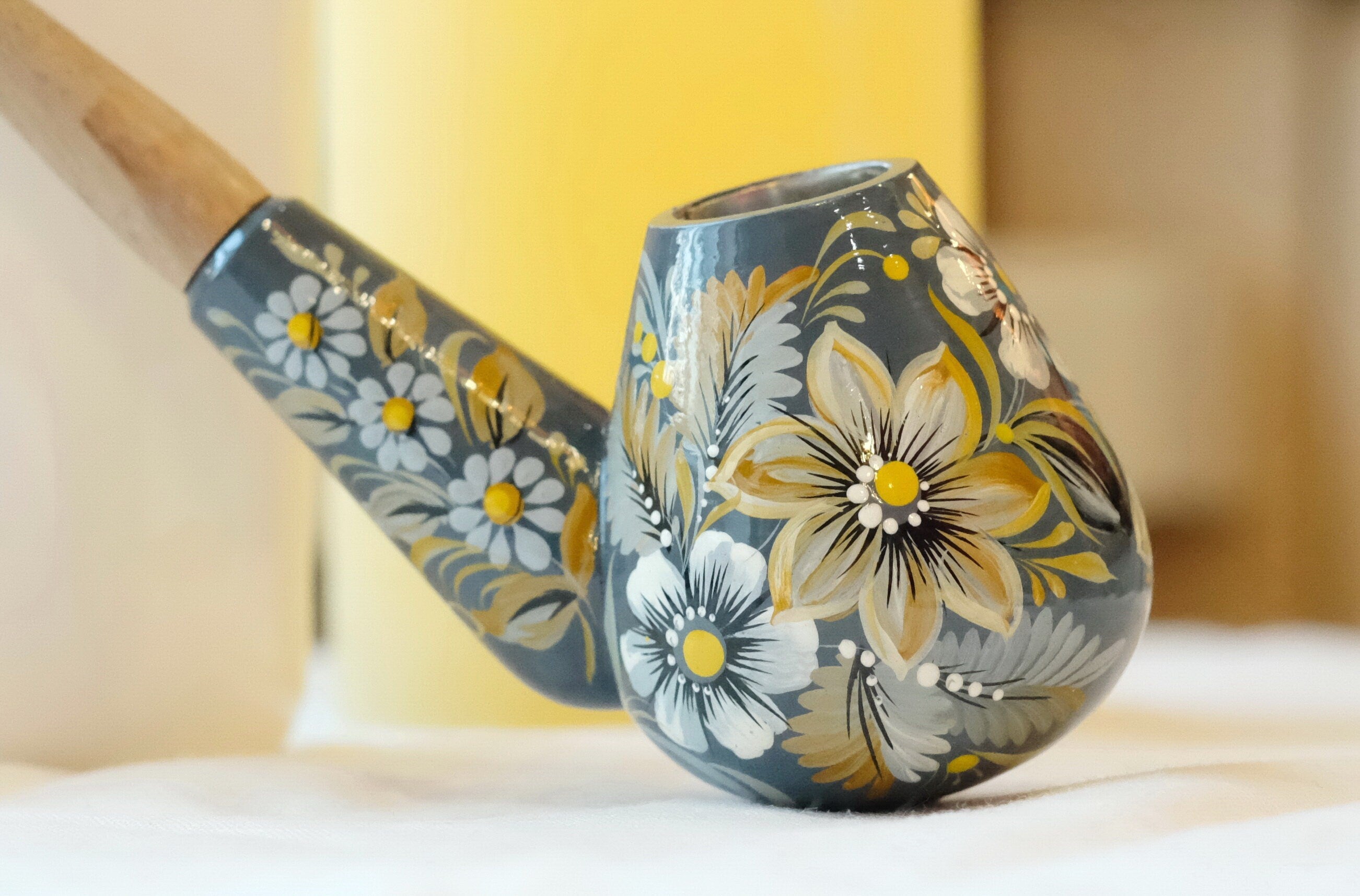 Painted Wooden Gray Smoking Pipe - Tobacco Pipe with Ukrainian Folk Art Petrykivka