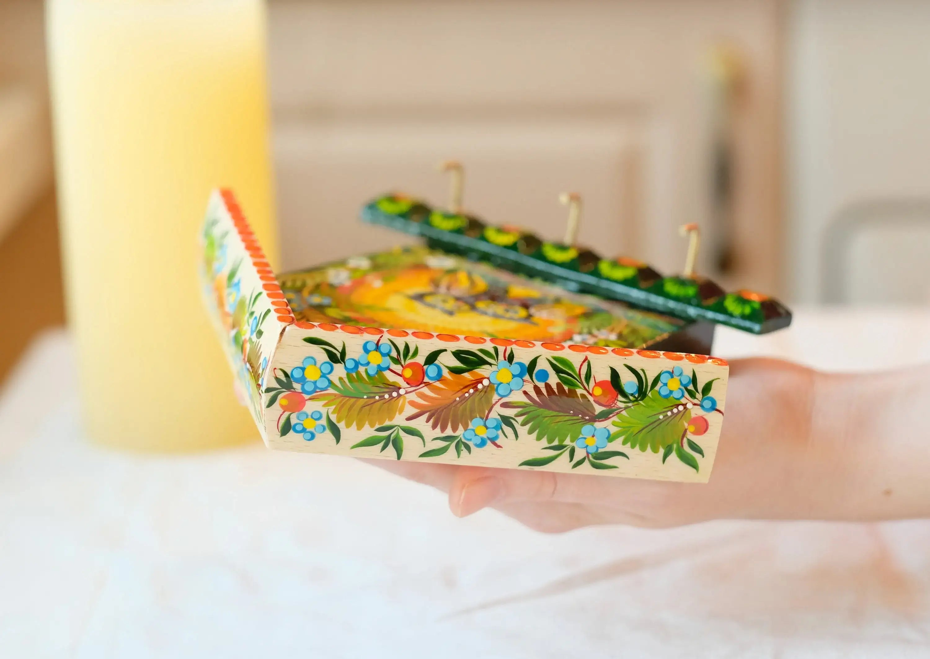 Wooden Painted Key Holder for Wall with Owls Couple - Atrisanal House-shaped Wall Mount Key Hanger, Petrykivka Art, Green and Orange