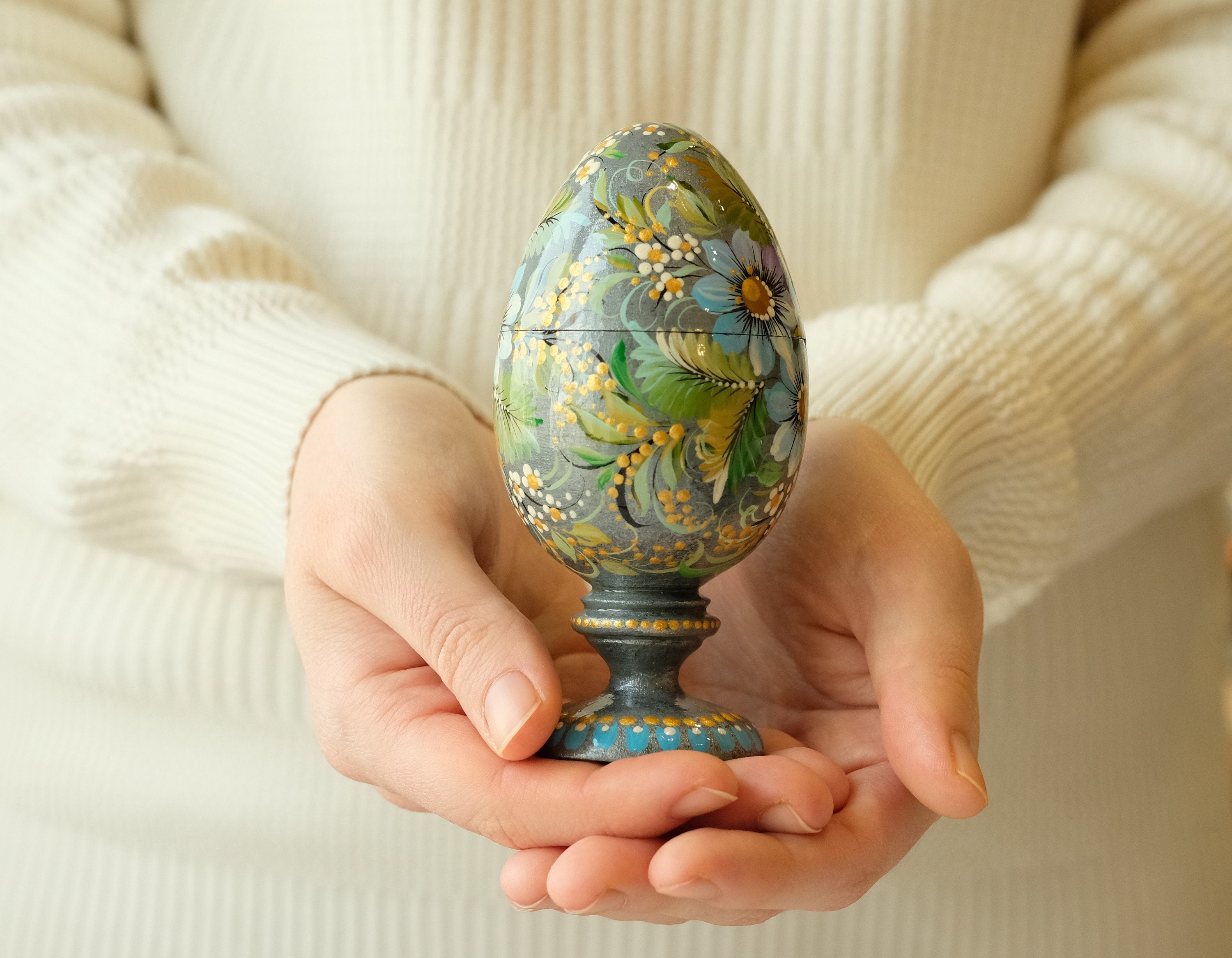 Wooden Jewelry Box Hand-painted with Petrykivka Art, Egg-shaped