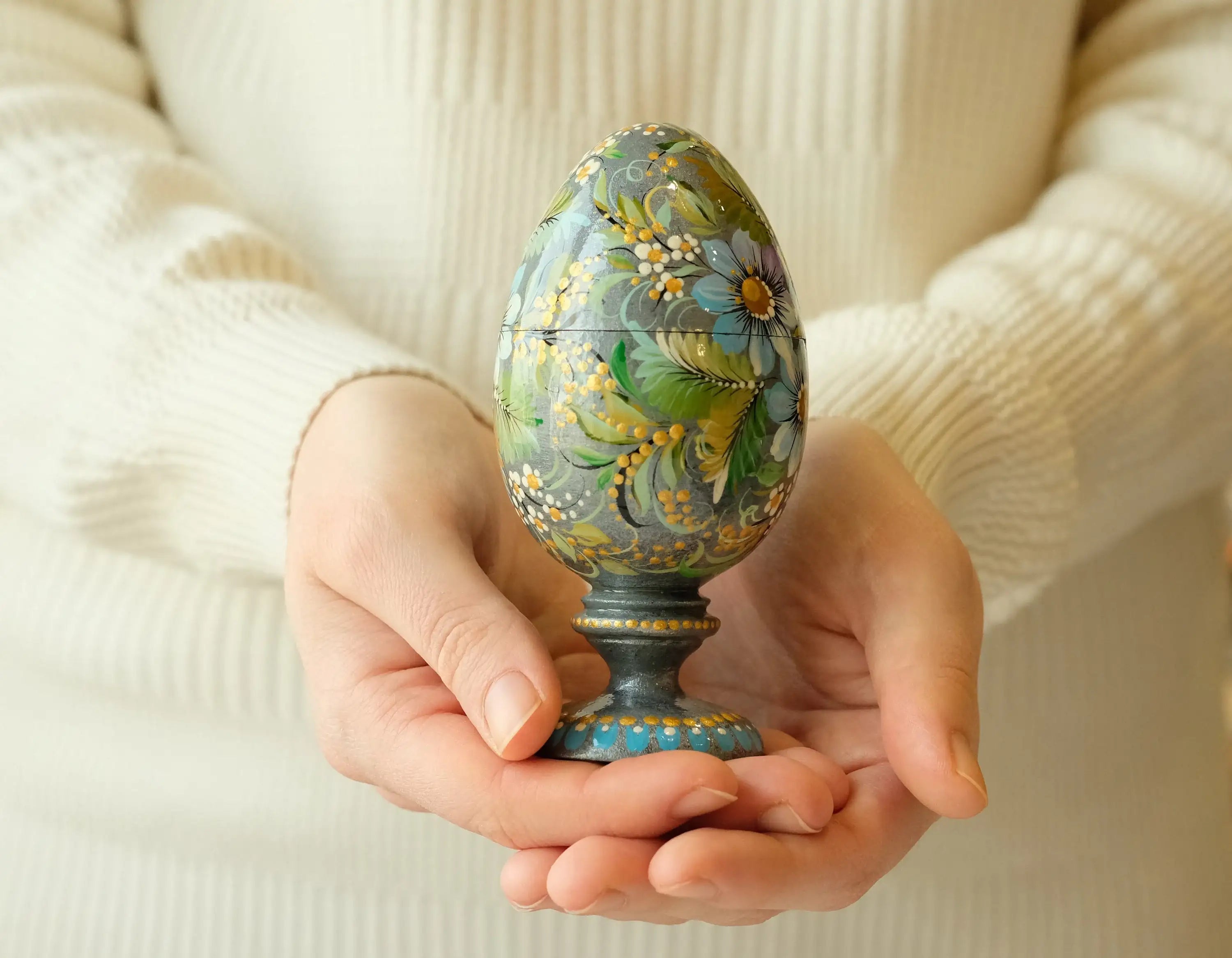 Wooden Jewelry Box Hand-painted with Petrykivka Art, Egg-shaped