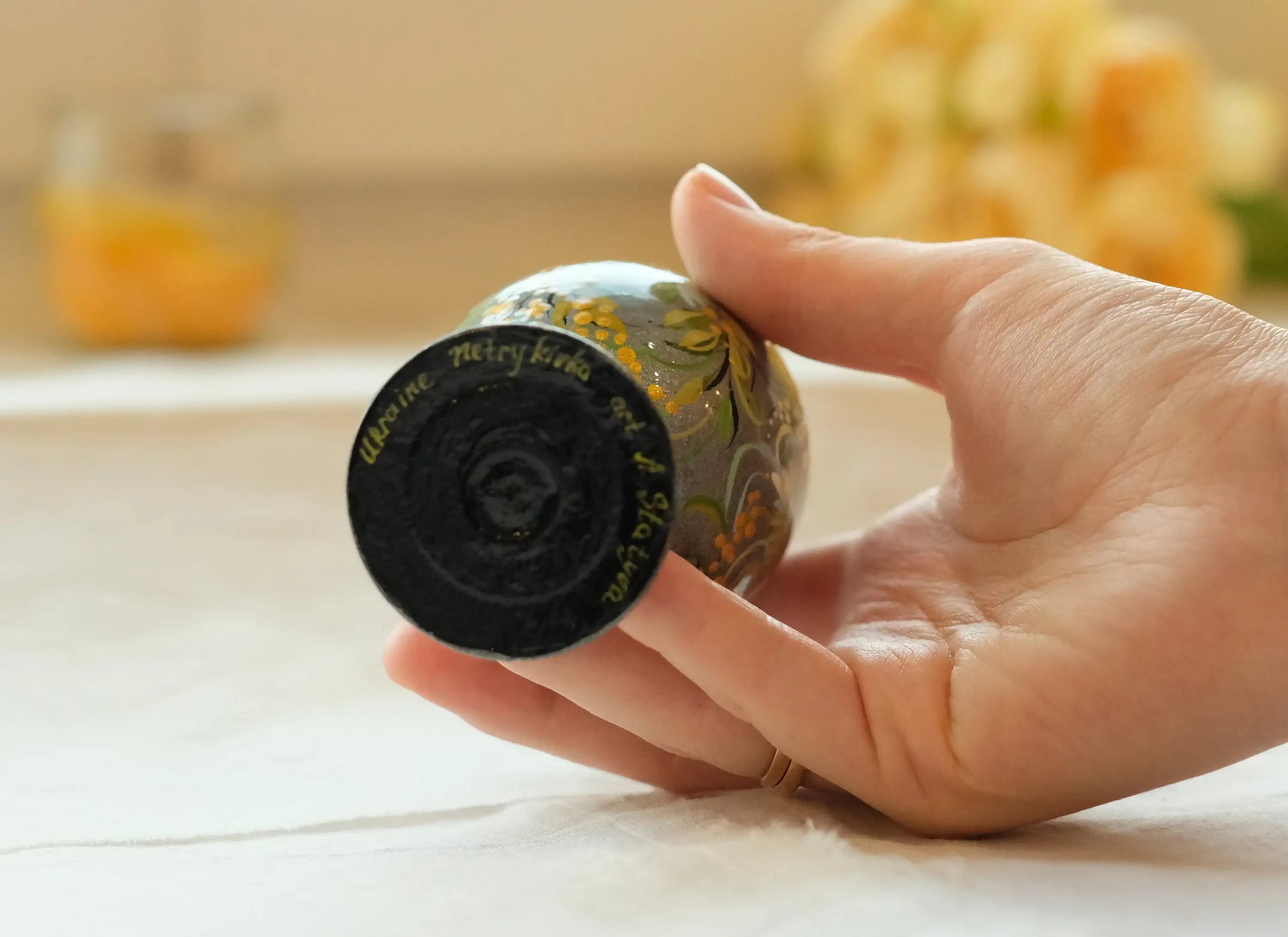 Wooden Jewelry Box Hand-painted with Petrykivka Art, Egg-shaped