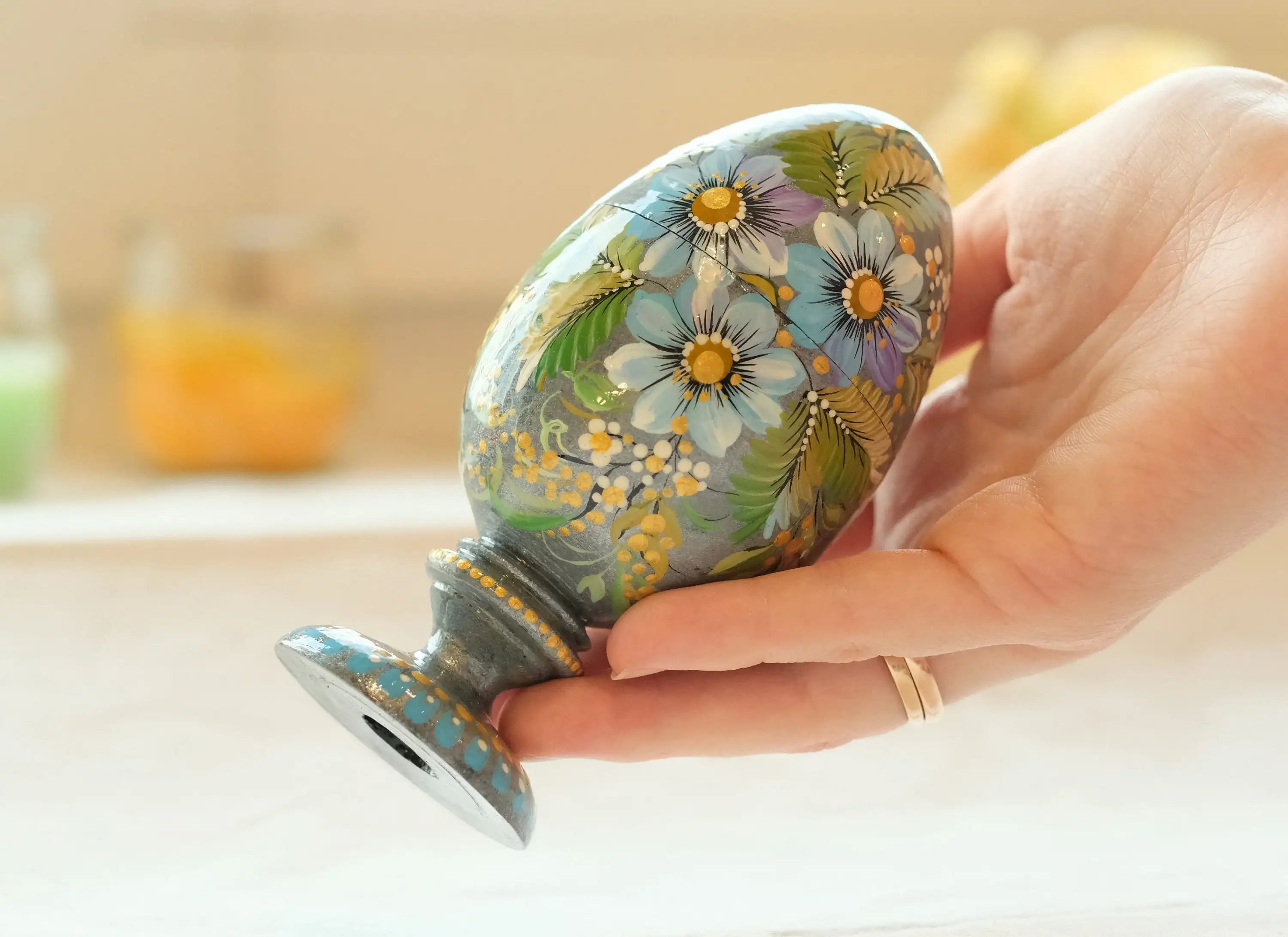Wooden Jewelry Box Hand-painted with Petrykivka Art, Egg-shaped