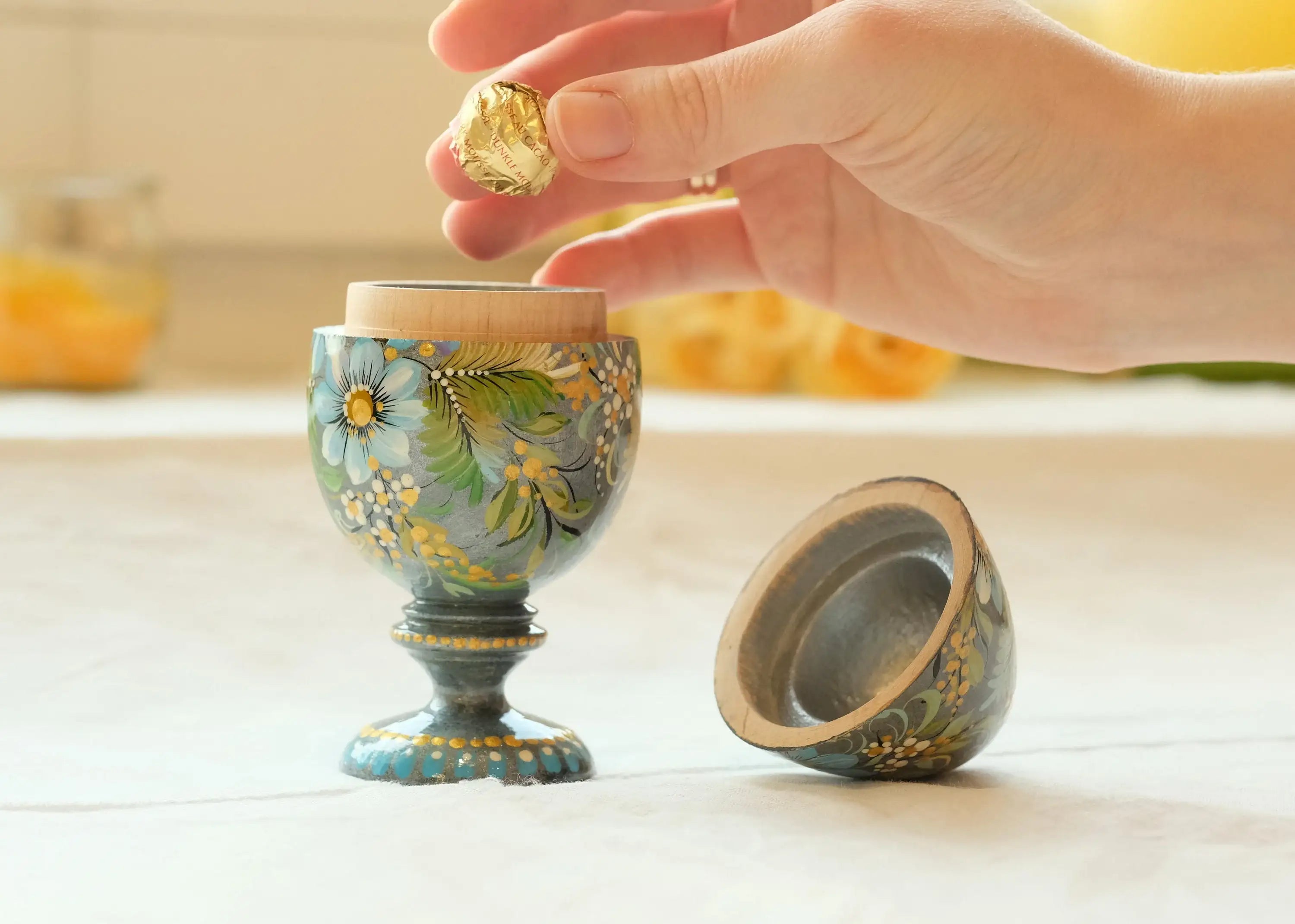 Wooden Jewelry Box Hand-painted with Petrykivka Art, Egg-shaped