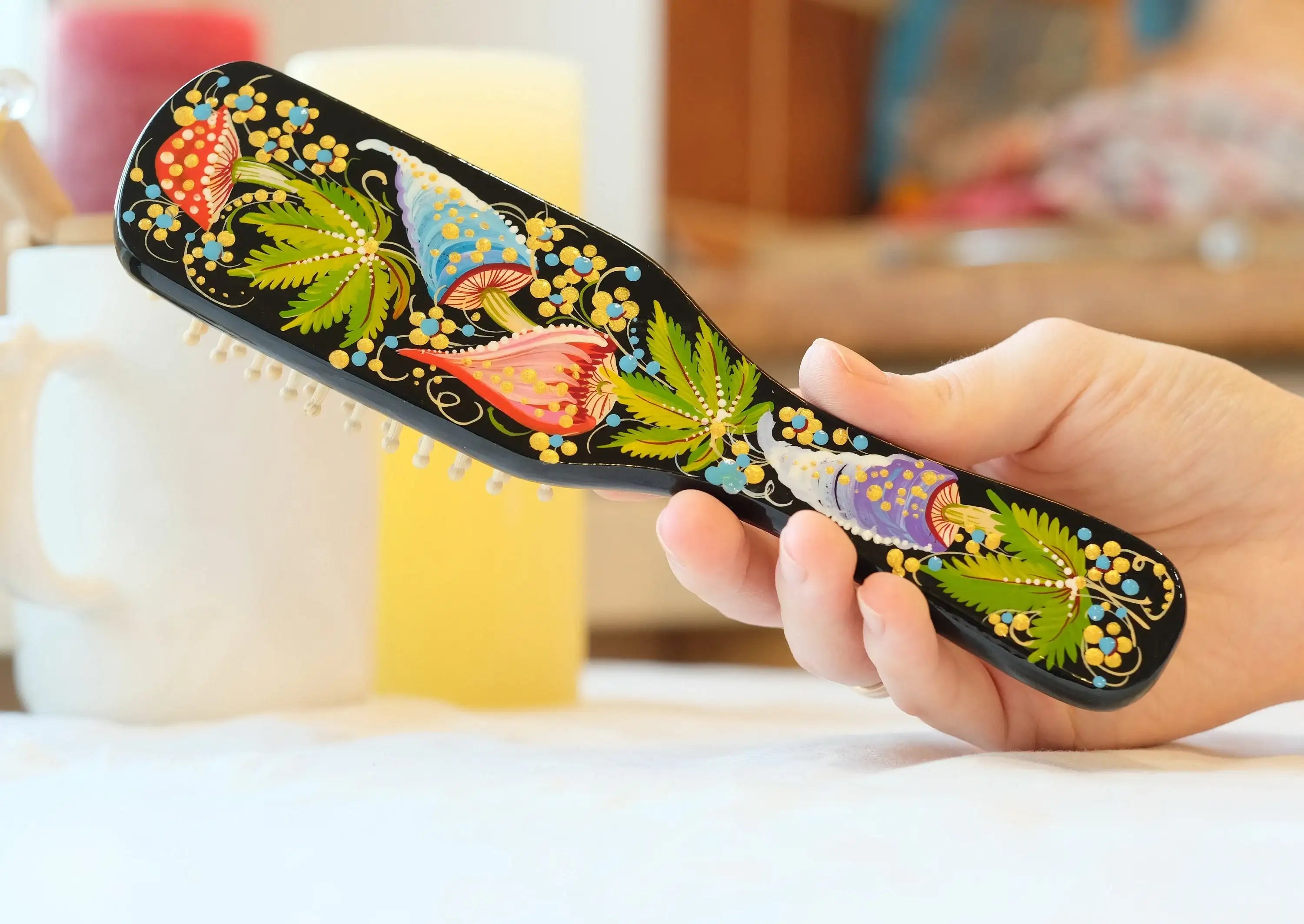 Painted Wooden Mushroom Hairbrush - Wooden Bristle Massage Brush, Large Wooden Paddle Brush, Petrykivka Art