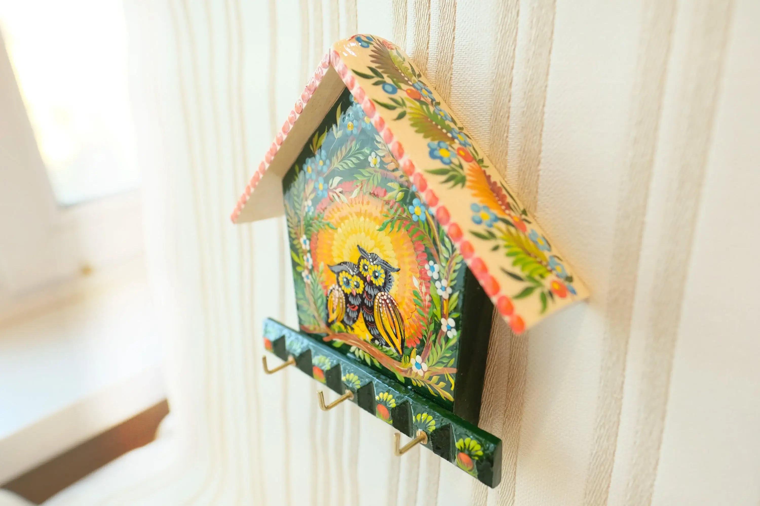 Wooden Painted Key Holder for Wall with Owls Couple - Atrisanal House-shaped Wall Mount Key Hanger, Petrykivka Art, Green and Orange