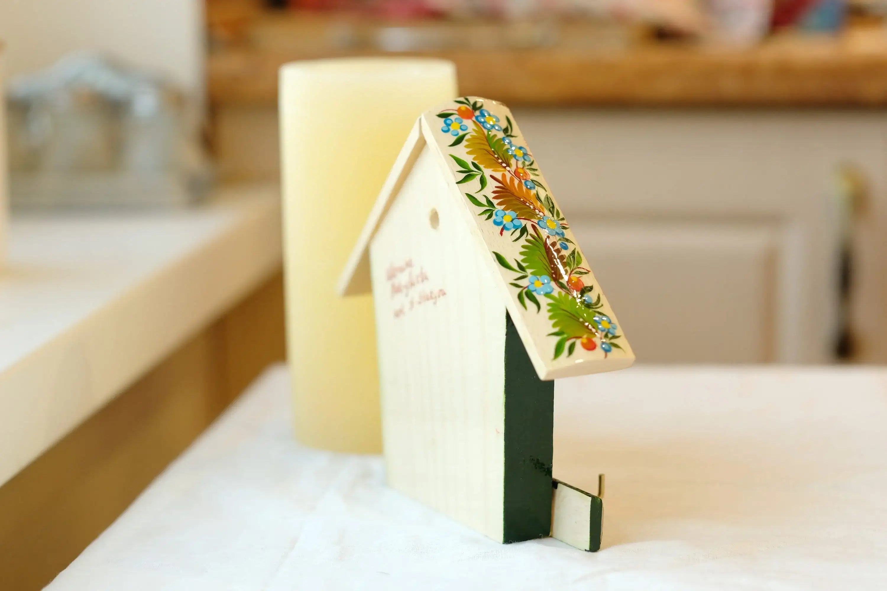 Wooden Painted Key Holder for Wall with Owls Couple - Atrisanal House-shaped Wall Mount Key Hanger, Petrykivka Art, Green and Orange