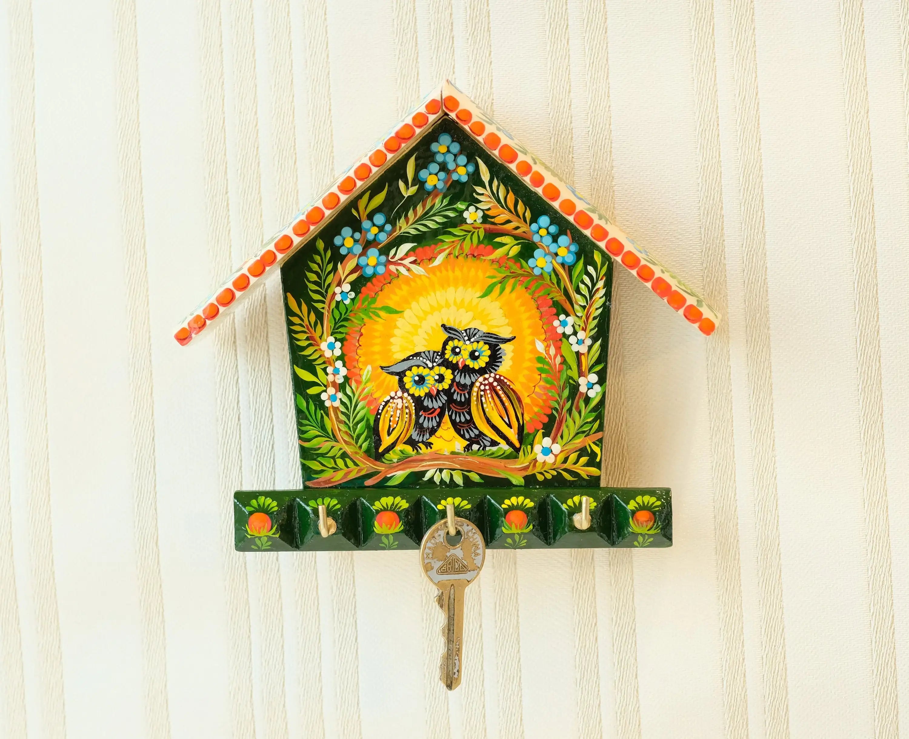 Wooden Painted Key Holder for Wall with Owls Couple - Atrisanal House-shaped Wall Mount Key Hanger, Petrykivka Art, Green and Orange